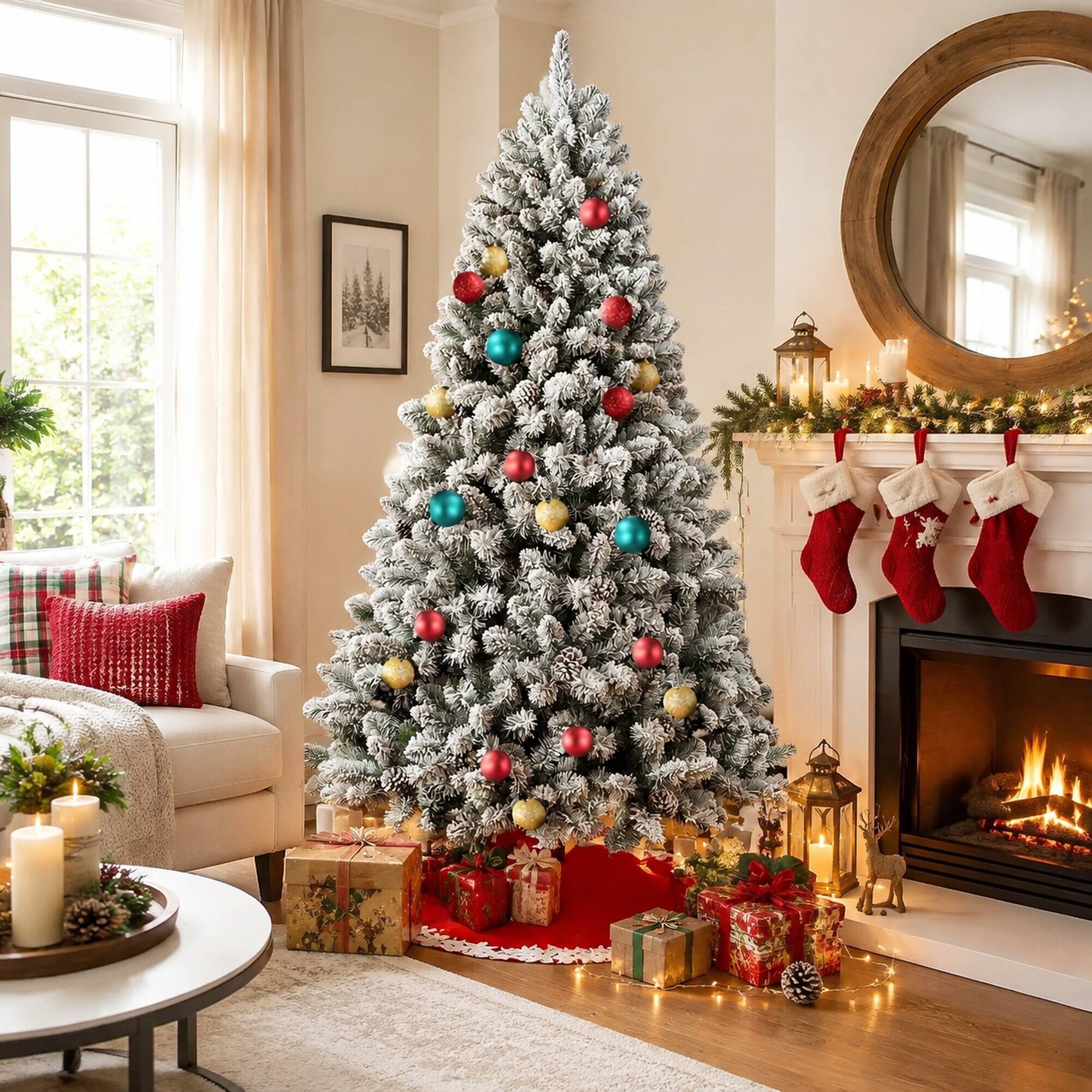 Angle. RYHNUYNE - 6FT Flocked Christmas Tree With Pine Cones, 888 Snowy PVC Tips 36 Natural Pinecones Full Shape Sturdy Metal Stand - Green,White.
