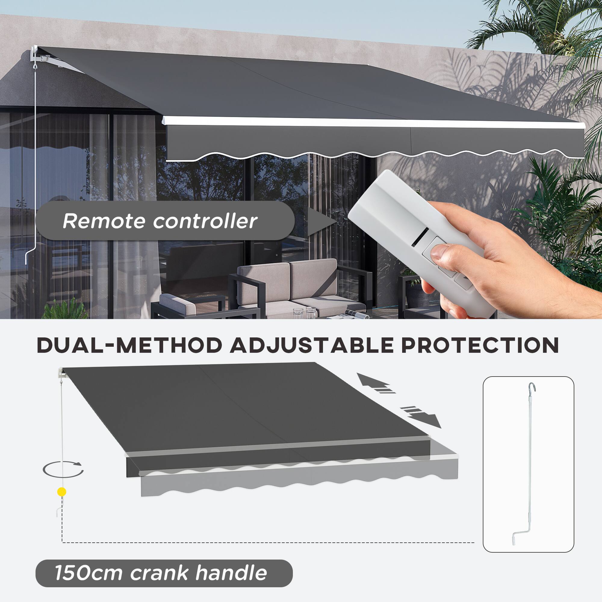 Remote controller  
DUAL-METHOD ADJUSTABLE PROTECTION  
150cm crank handle