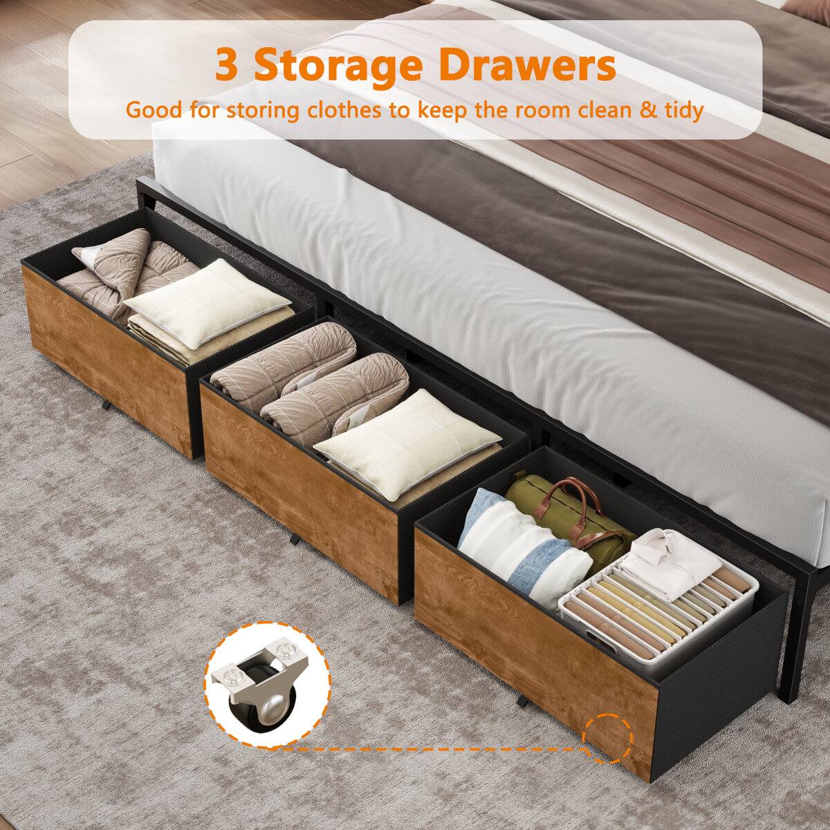 3 Storage Drawers  
Good for storing clothes to keep the room clean & tidy