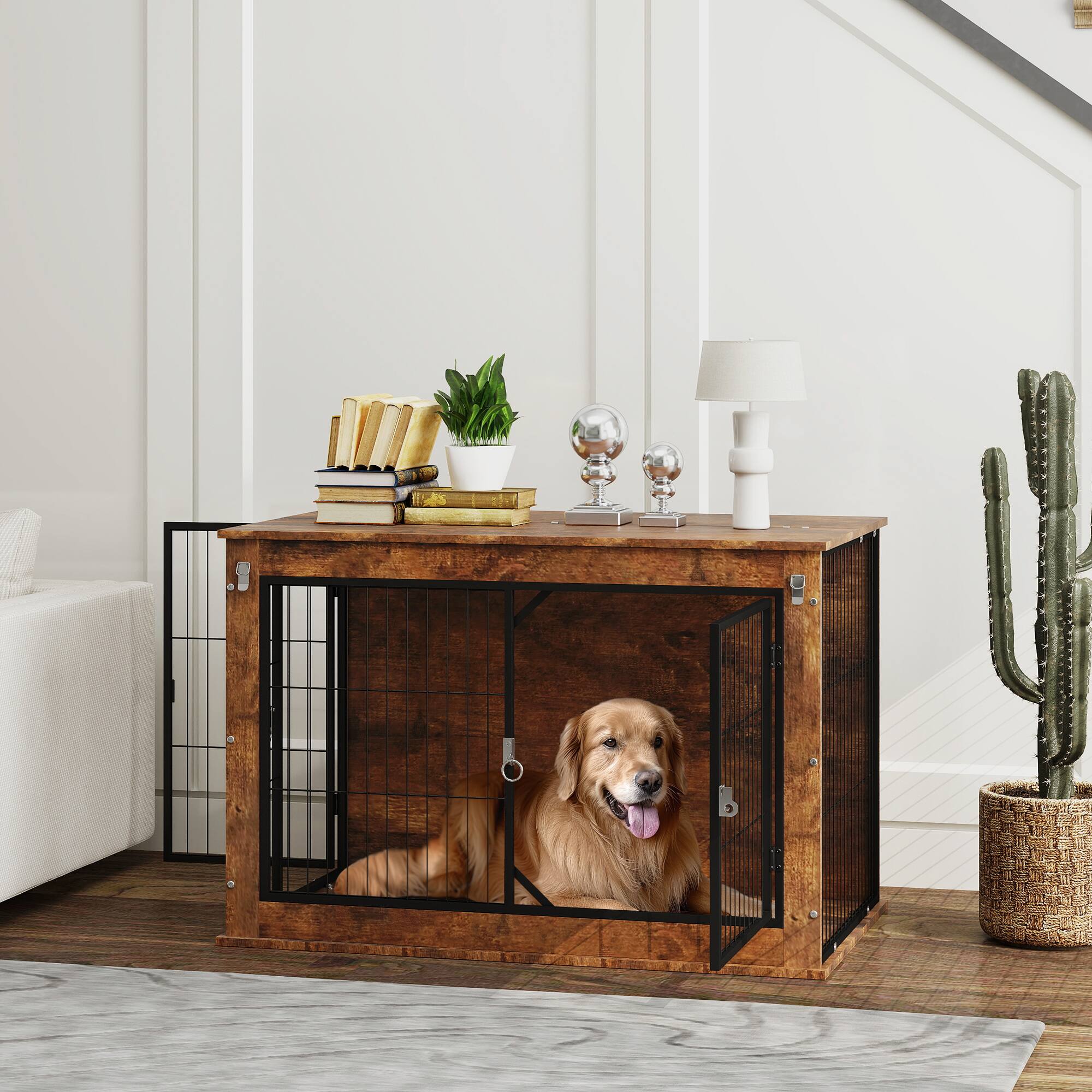 Angle. Pawhut - Dog Crate Furniture, Flip-up Top Opening, 39" Dog Kennel, 2 Doors, Decorative, Side End Table, for Large Dogs.