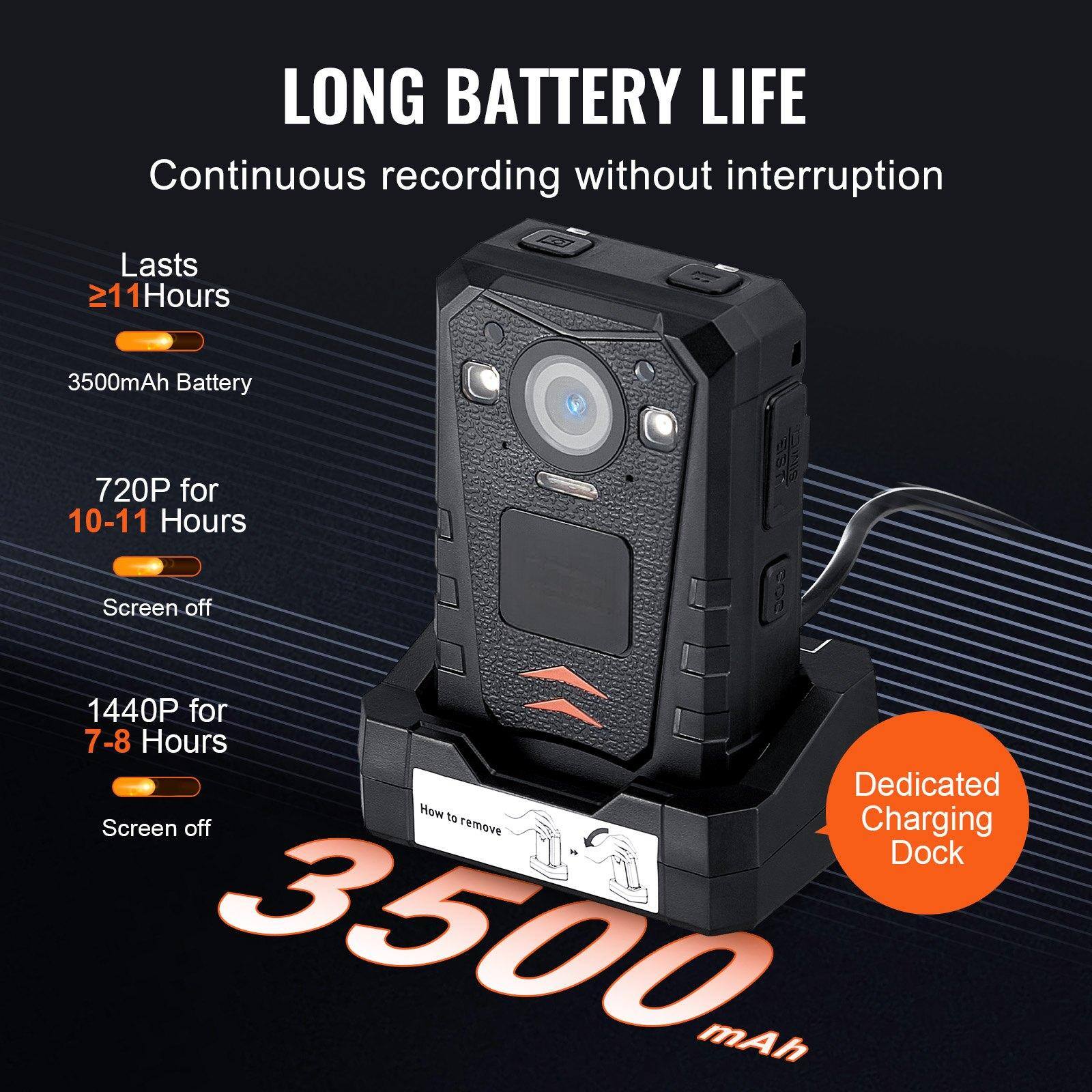 LONG BATTERY LIFE  
Continuous recording without interruption  

- Lasts ≥11 Hours  
- 3500 mAh Battery  
- 720P for 10-11 Hours (Screen off)  
- 1440P for 7-8 Hours (Screen off)  

Dedicated Charging Dock  

3500 mAh