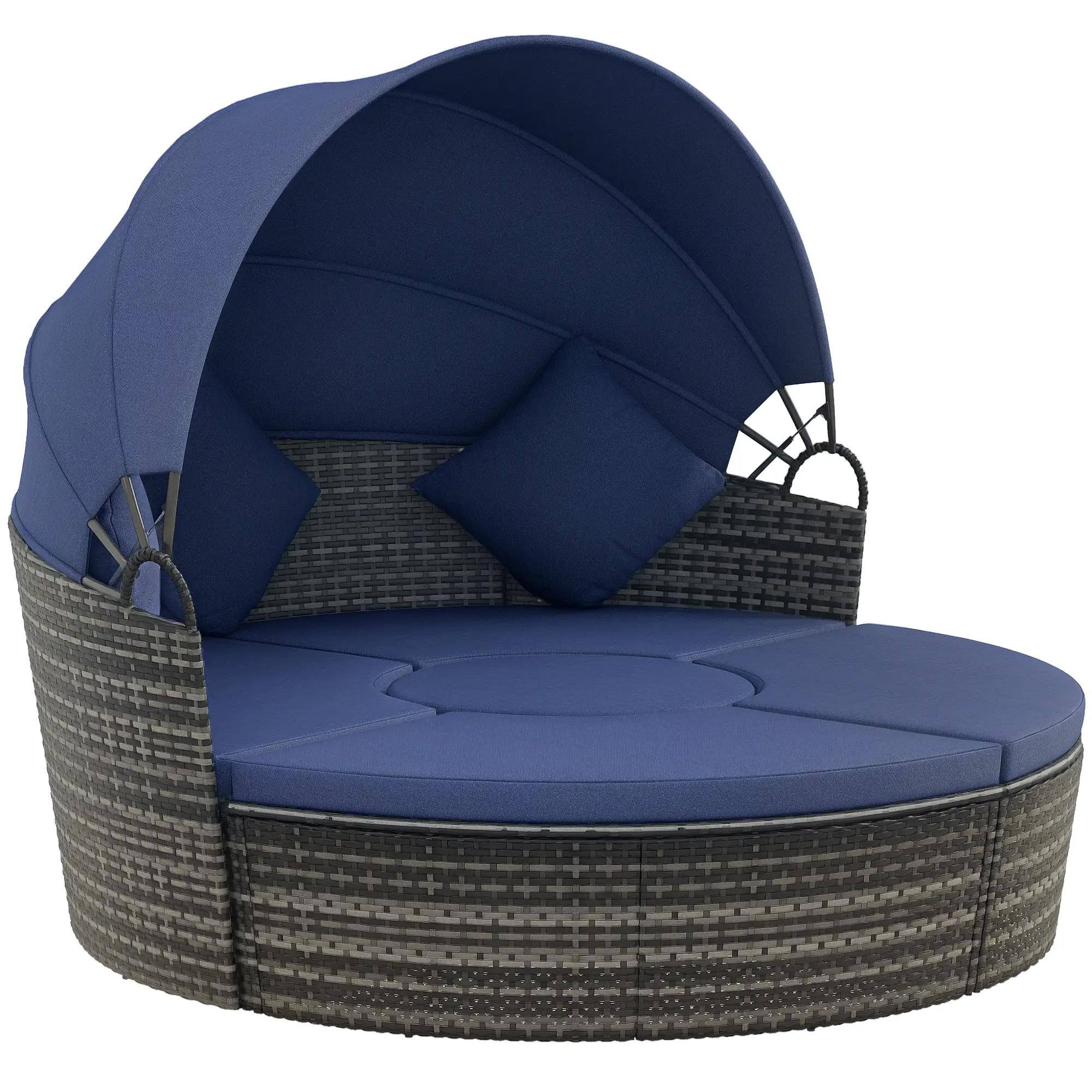Angle. Resenkos - Resenkos 4-Piece Cushioned Outdoor Rattan Wicker Sunbed or Conversational Sofa Set, Dark Blue - Dark Blue.