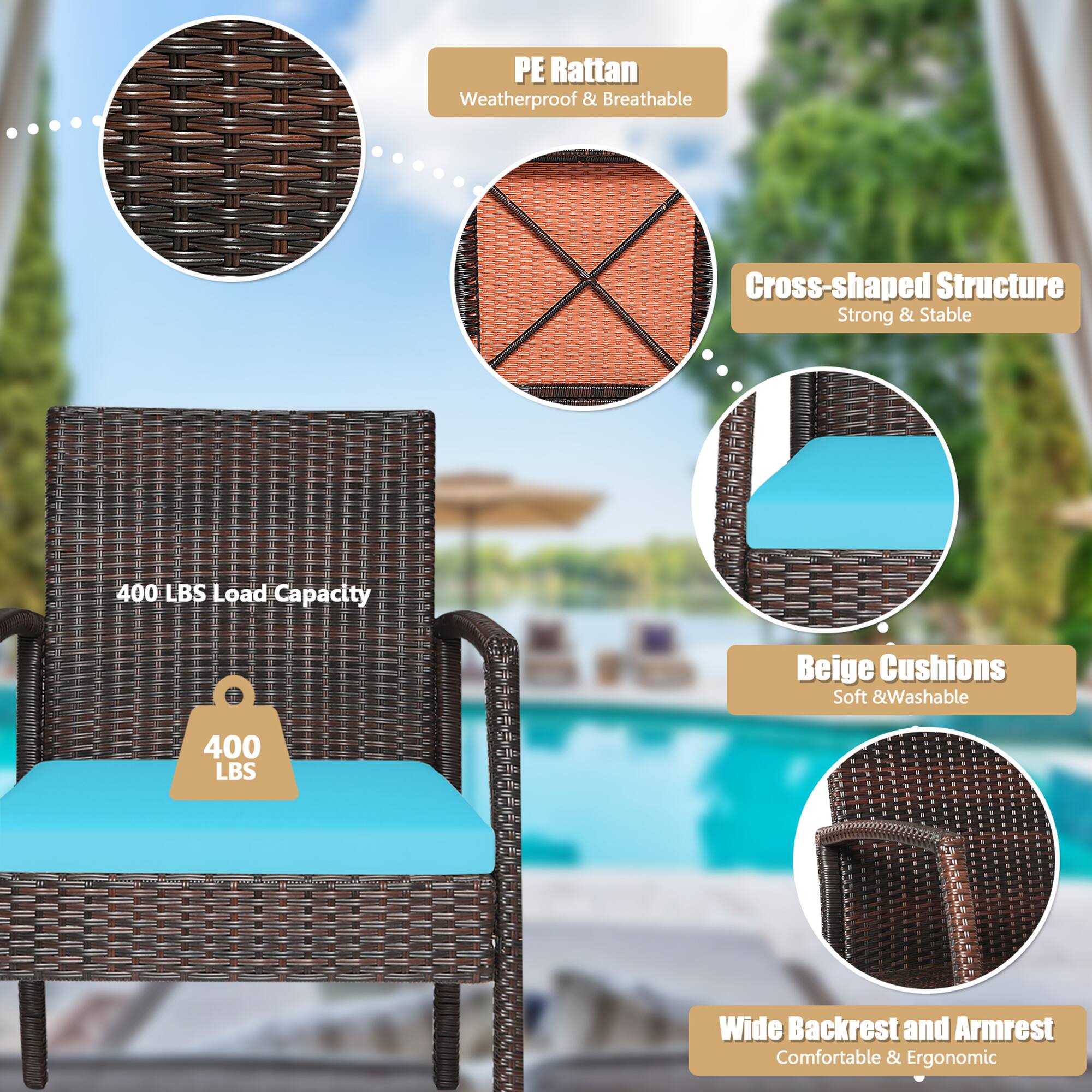PE Rattan Weatherproof & Breathable, Cross-shaped Structure Strong & Stable, 400 LBS Load Capacity, Beige Cushions Soft & Washable, Wide Backrest and Armrest Comfortable & Ergonomic