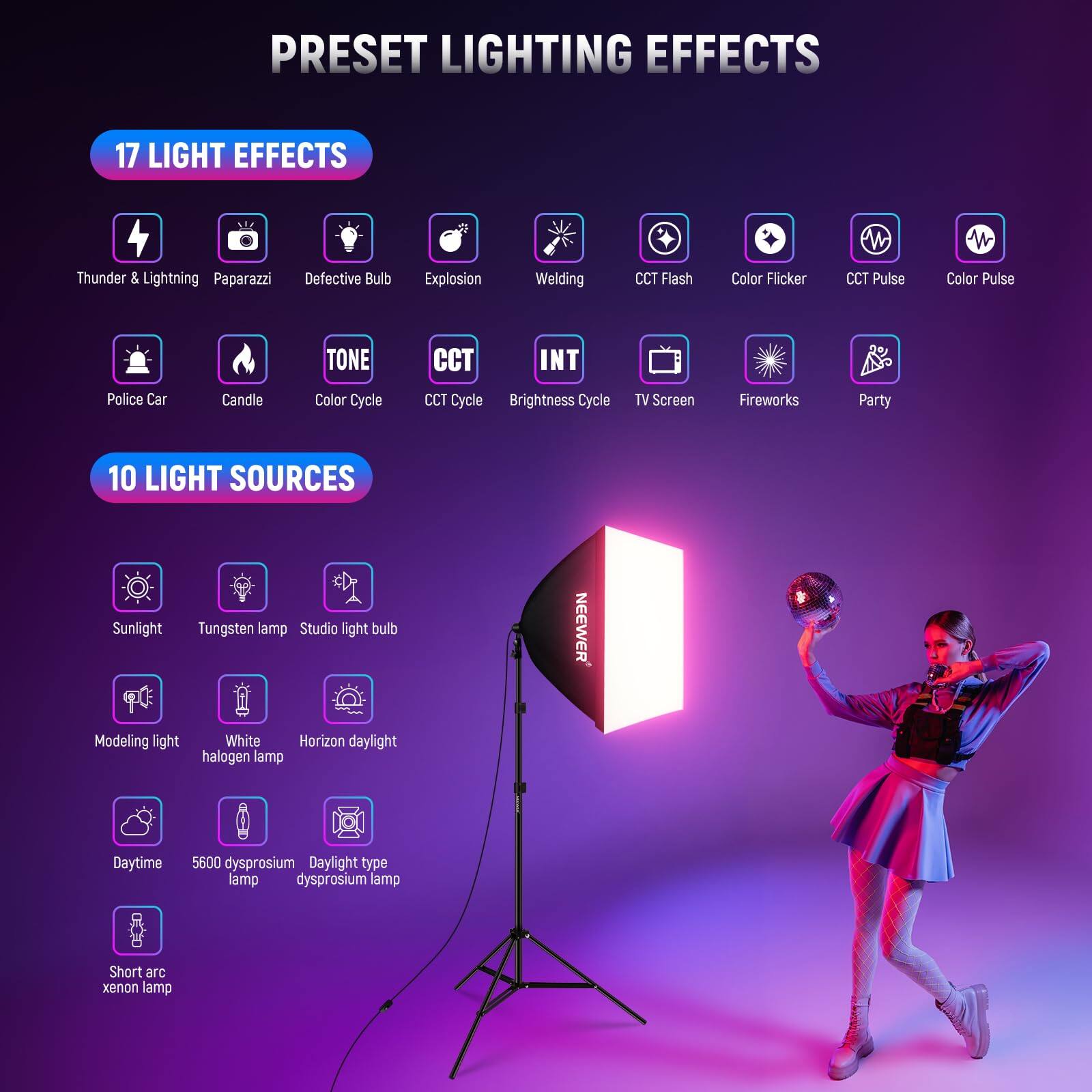 PRESET LIGHTING EFFECTS

17 LIGHT EFFECTS
- Thunder & Lightning
- Paparazzi
- Defective Bulb
- Explosion
- Welding
- CCT Flash
- Color Flicker
- CCT Pulse
- Color Pulse
- TONE
- CCT
- INT
- Police Car
- Candle
- Color Cycle
- CCT Cycle
- Brightness Cycle
- TV Screen
- Fireworks
- Party

10 LIGHT SOURCES
- Sunlight
- Tungsten lamp
- Studio light bulb
- Modeling light
- White halogen lamp
- Horizon daylight
- Daytime
- 5600 dysprosium lamp
- Daylight type dysprosium lamp
- Short arc xenon lamp