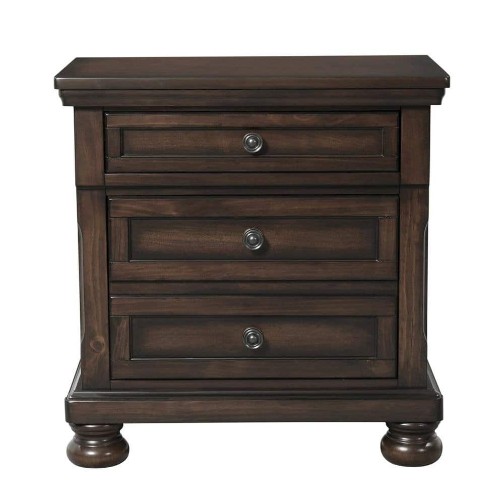 FurniFact - Wooden Nightstand with USB, Cherry Veneer, and Dark Metal Finish Knobs - Cherry Brown