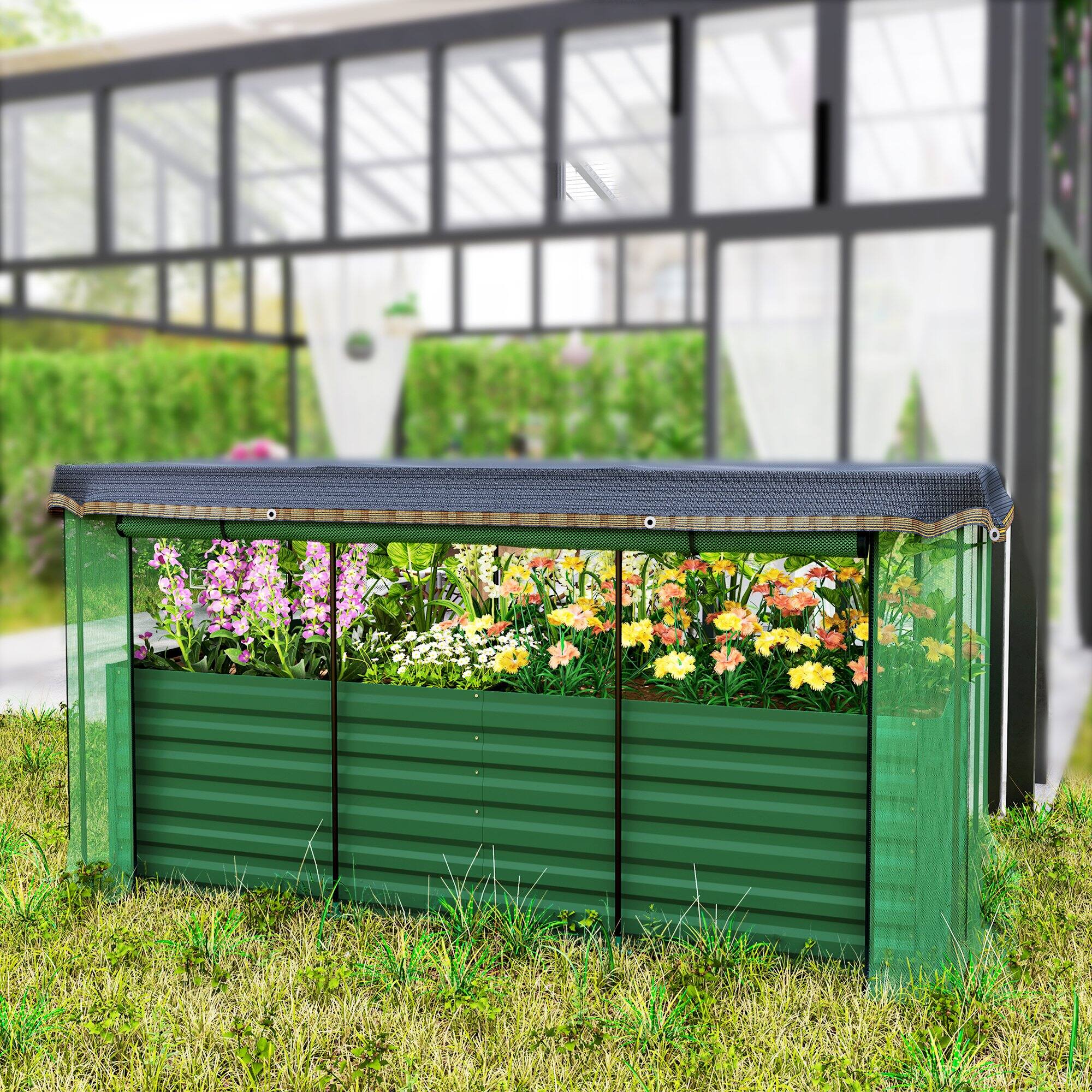 Alt View 7. Outsunny - 7.3 x 3.4 x 2 ft Galvanized Raised Garden Bed with Crop Cage Plant Protection Net and Shade Cloth Roof - Green.