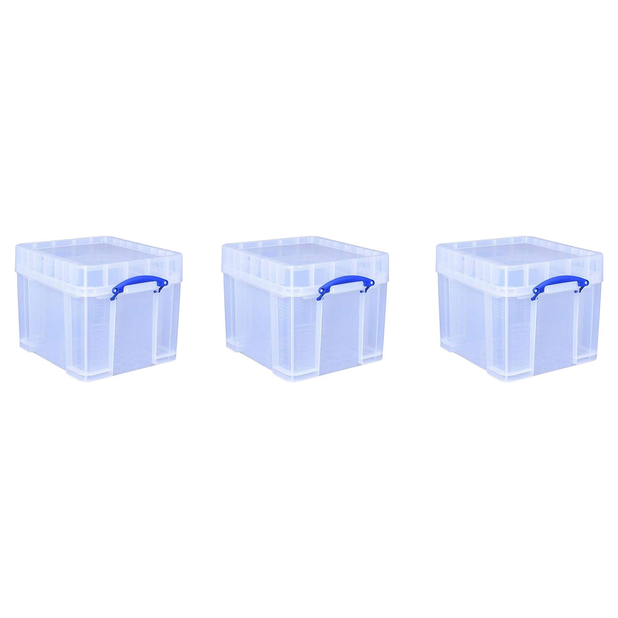 Front. Really Useful Box - Really Useful Box 35 Liters Transparent Storage Container with Snap Lid, 3 Pack - Clear.