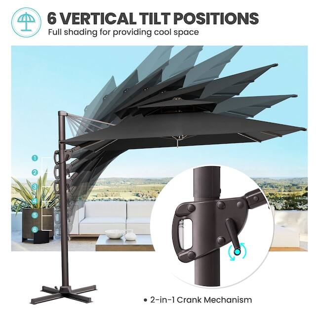 6 VERTICAL TILT POSITIONS  
Full shading for providing cool space  
1 2 3 4 5 6  
2-in-1 Crank Mechanism