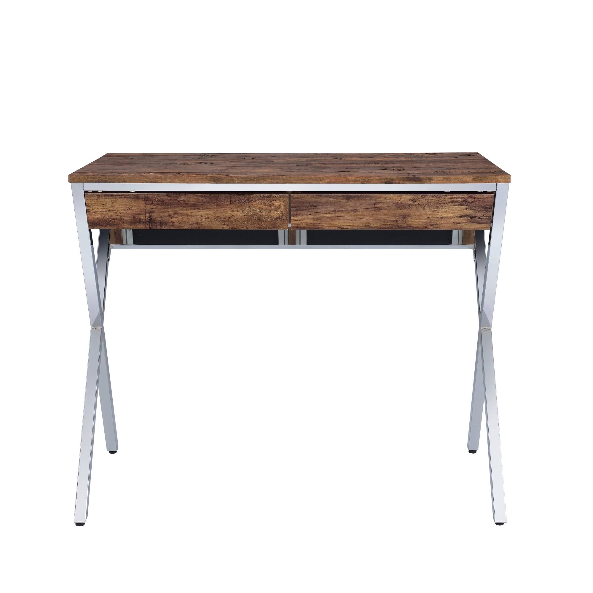 GOODSILO - Modern Weathered Oak and Chrome Writing Desk with Two Drawers for Home Office and Study Spaces - Chrome+Oak - Thumbnail 2