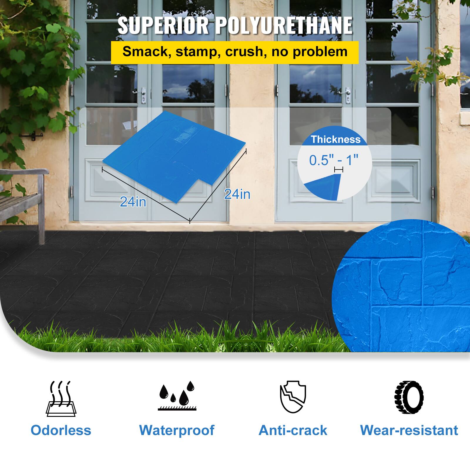 SUPERIOR POLYURETHANE  
Smack, stamp, crush, no problem  

Thickness: 0.5" - 1"  
24in x 24in  

Odorless  
Waterproof  
Anti-crack  
Wear-resistant