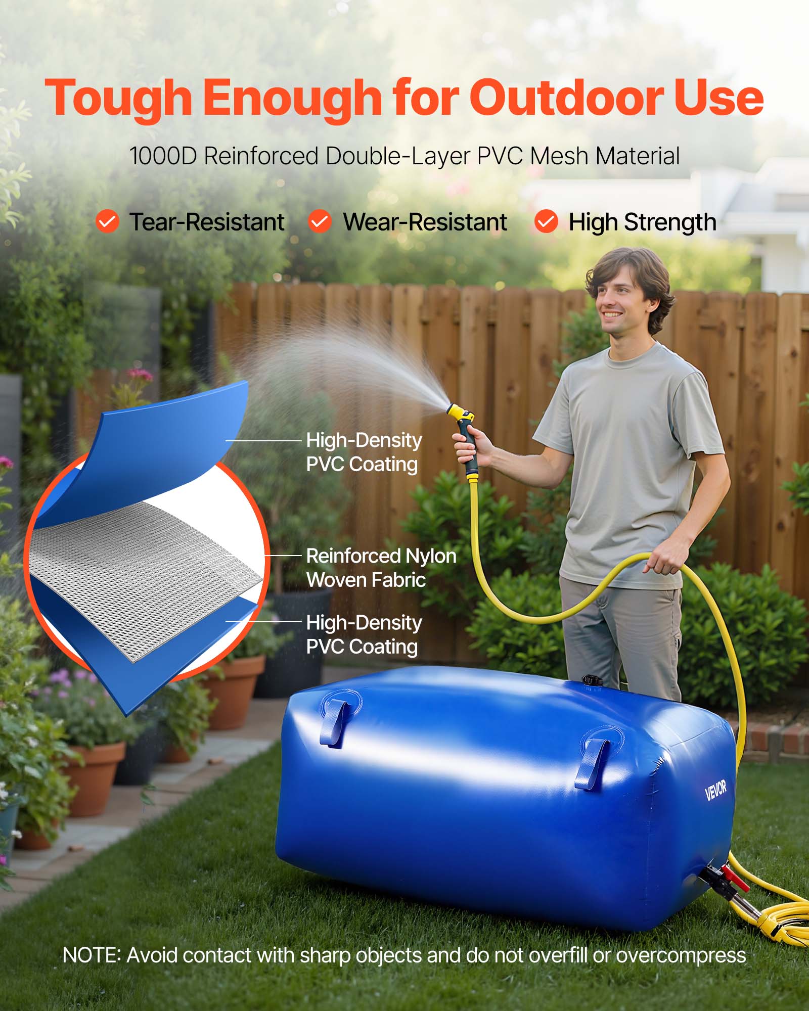 Tough Enough for Outdoor Use

1000D Reinforced Double-Layer PVC Mesh Material

- Tear-Resistant
- Wear-Resistant
- High Strength

High-Density PVC Coating
Reinforced Nylon Woven Fabric
High-Density PVC Coating

NOTE: Avoid contact with sharp objects and do not overfill or overcompress