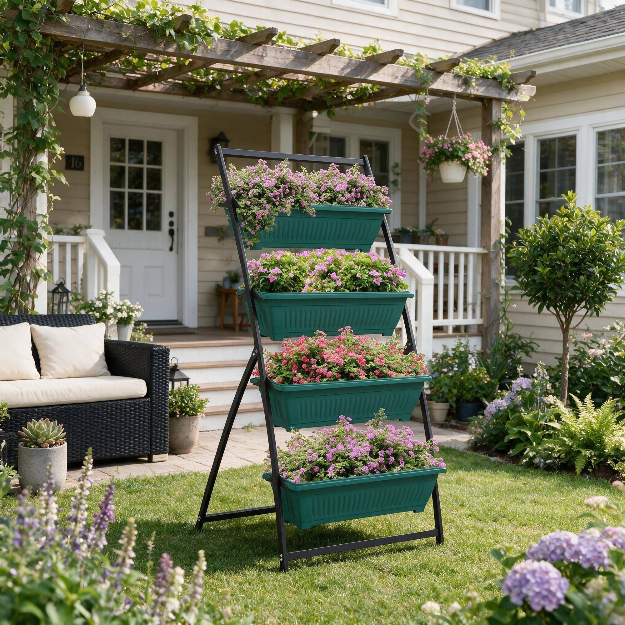 Alt View 1. RYHNUYNE - 4 Tier Raised Garden Bed with Stand, 63.75 Inch Tall Vertical Planter Boxes for Vegetables, Flowers and Herbs - Green.