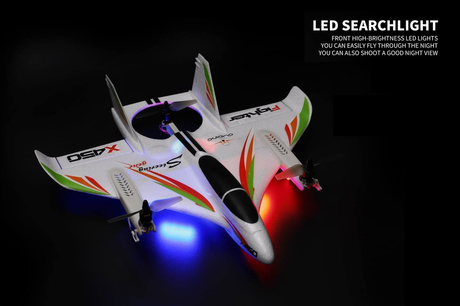 LED SEARCHLIGHT  
FRONT HIGH-BRIGHTNESS LED LIGHTS  
YOU CAN EASILY FLY THROUGH THE NIGHT  
YOU CAN ALSO SHOOT A GOOD NIGHT VIEW