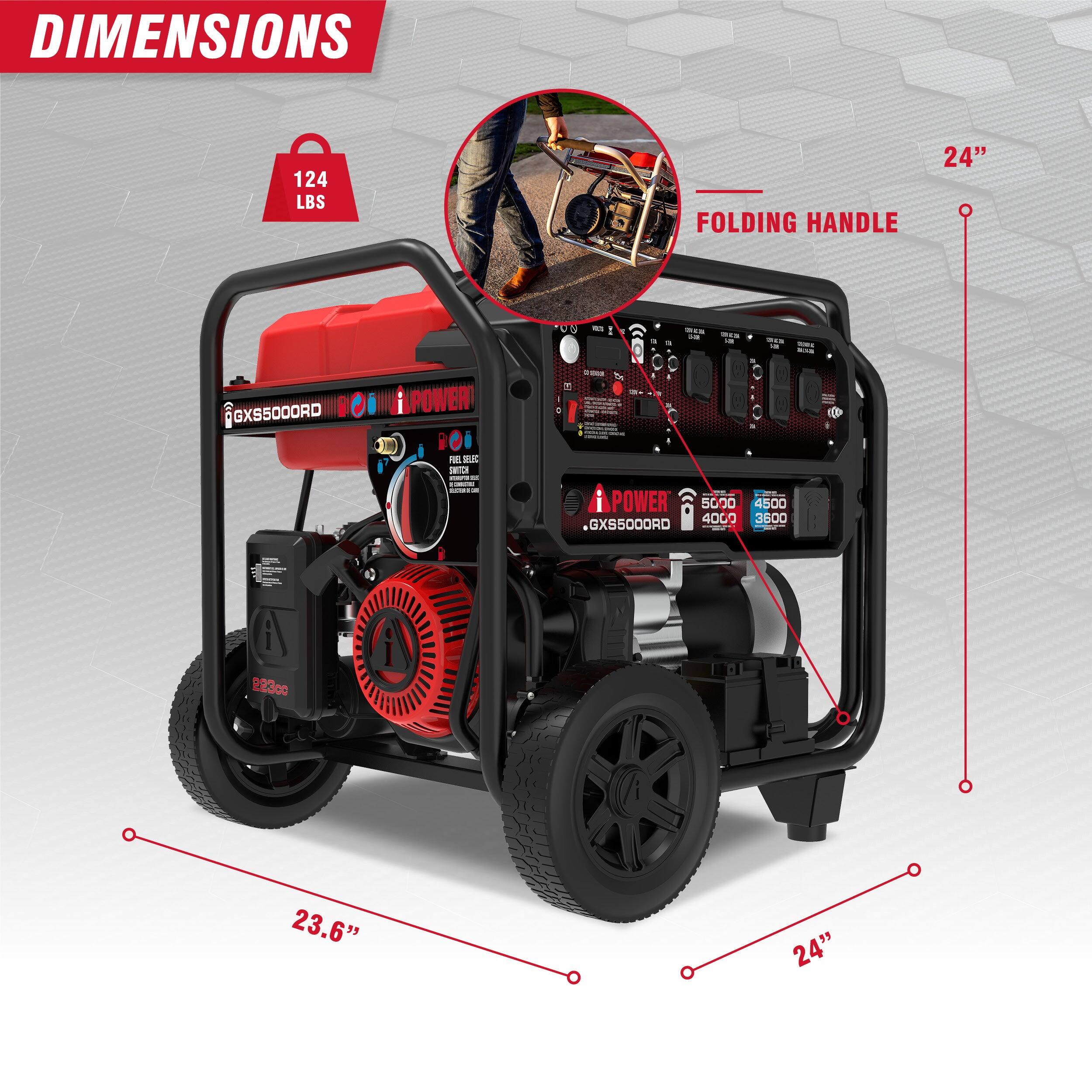 DIMENSIONS  
124 LBS  
FOLDING HANDLE 24"  
GX5000RD  
iPOWER  
5000 4500 4000 3600  
23.6" 24"