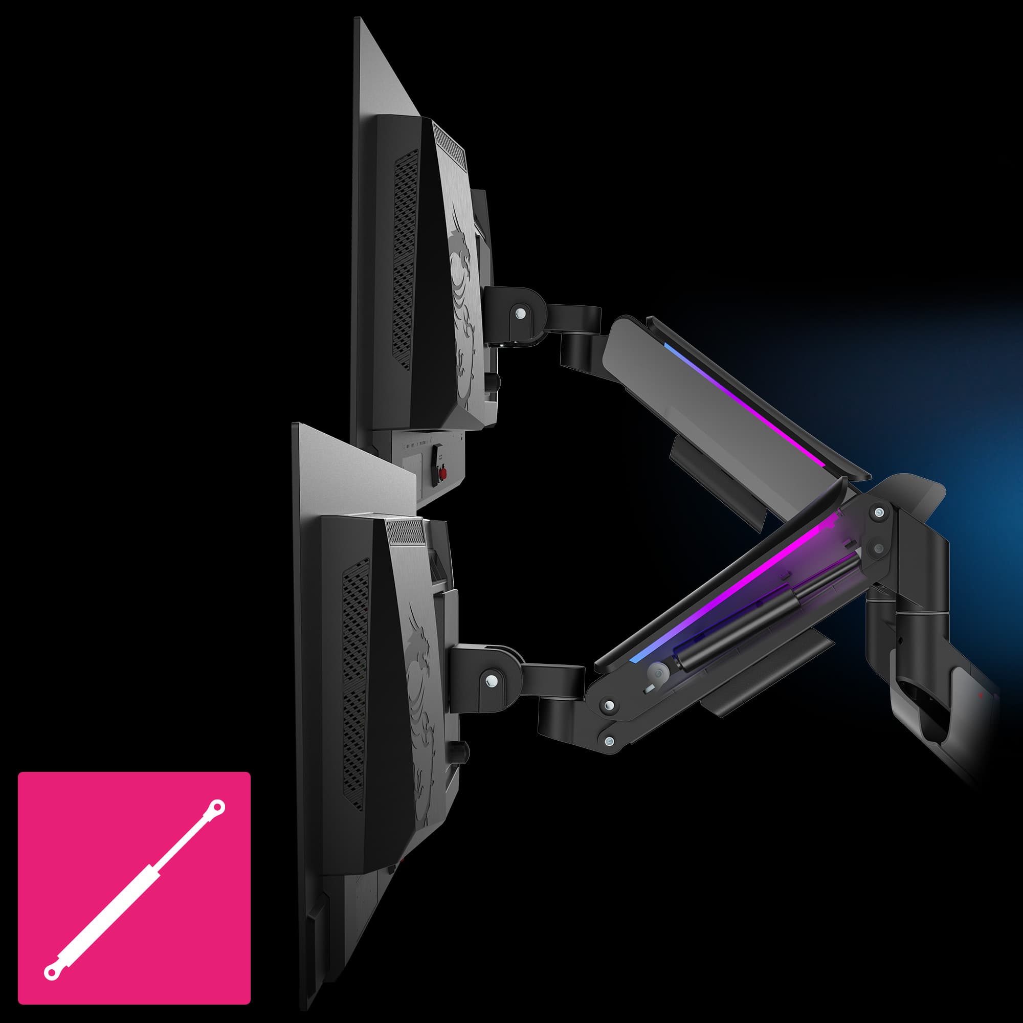 Left. MSI - MT201DR V2 Dual Monitor Arm – Adjustable Gas Spring Desk Mount, VESA Compatible, 17–35in, 44 lbs, Clamp & Grommet - Iron Gray.