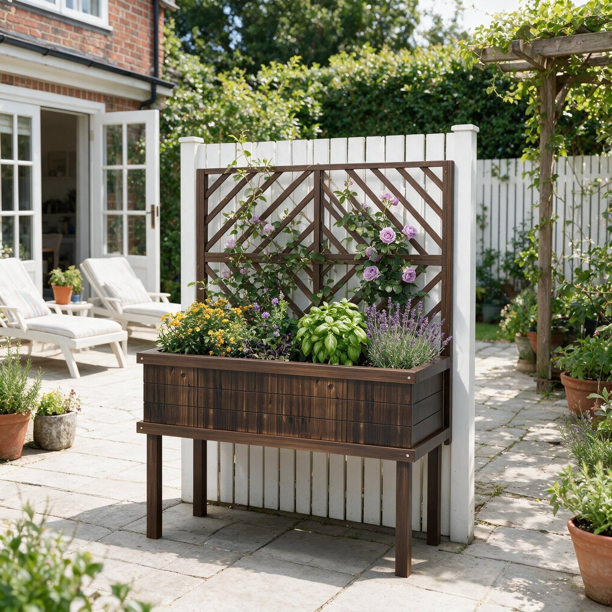 Back. RYHNUYNE - Outsunny Raised Garden Bed with Trellis for Climbing Plants, Carbonized Fir Wood Planter with Legs, Drainage Holes - Brown.