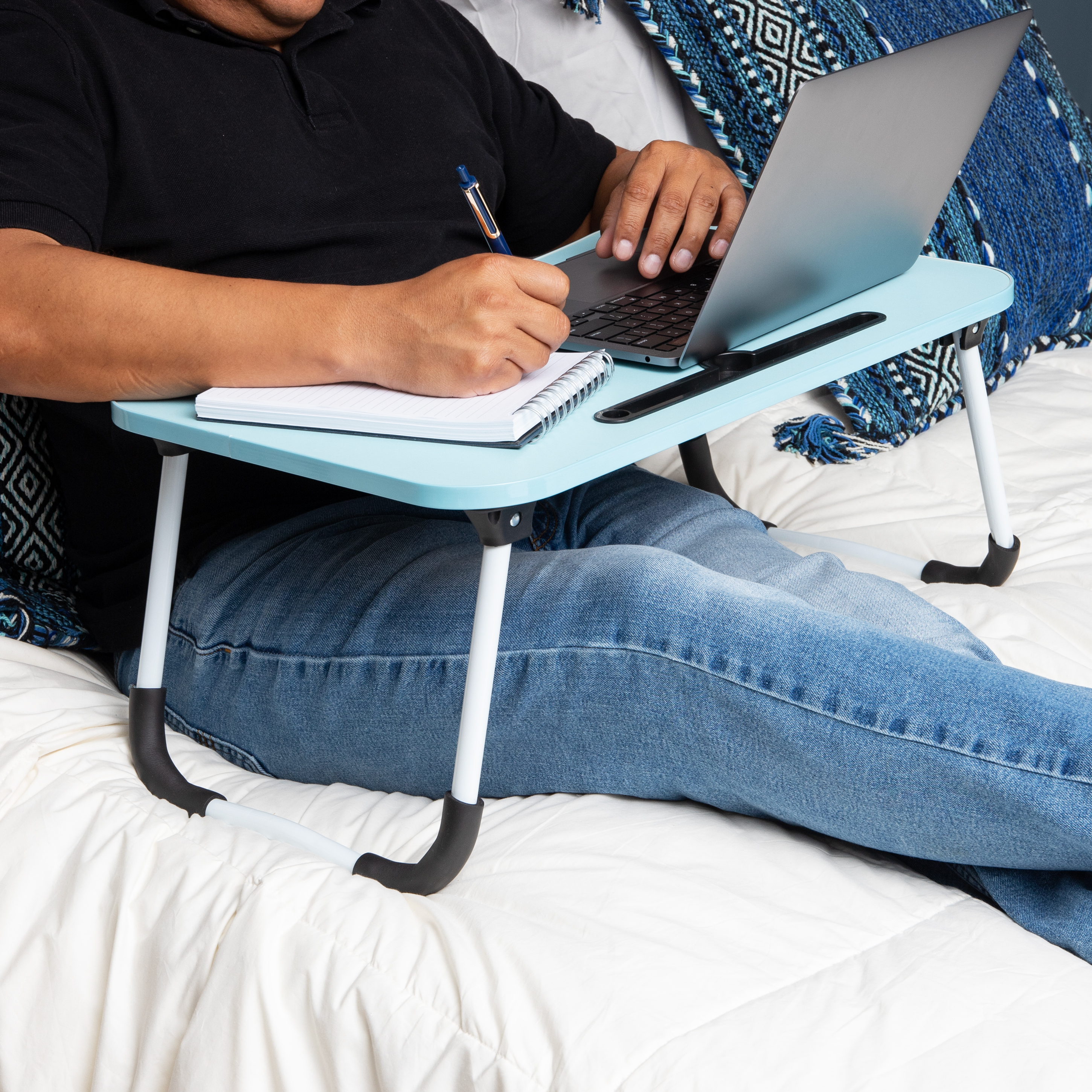 Angle View: Mind Reader - Lap Desk Laptop Stand, Bed Tray, Folding Legs, Couch Table, Portable, MDF , 23.25"L x 13.75"W x 10.5"H - Blue