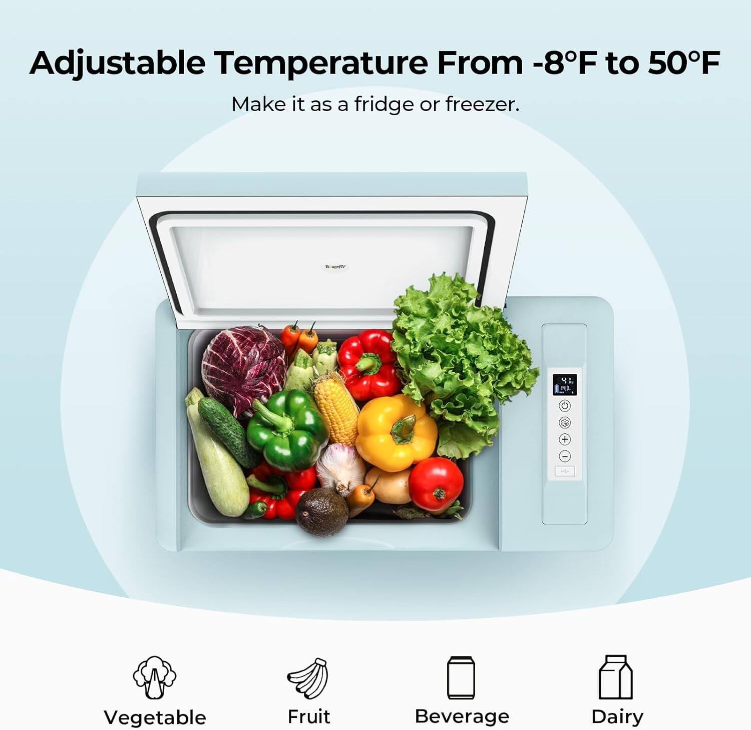 Adjustable Temperature From -8°F to 50°F  
Make it as a fridge or freezer.  

Vegetable  
Fruit  
Beverage  
Dairy