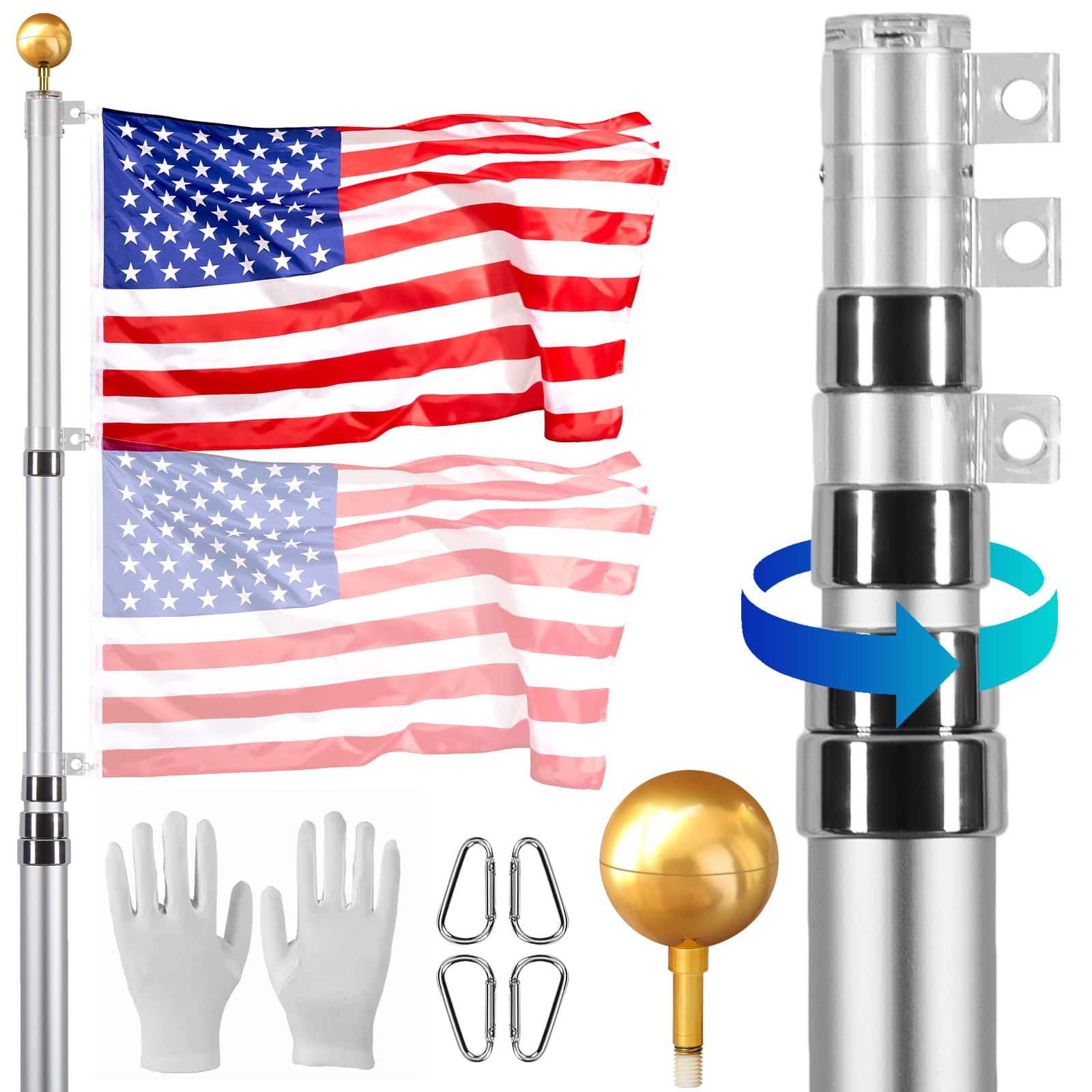 VEVOR - 25FT Telescoping Flag pole Kit, Heavy Duty Aluminum Alloy in Ground Flag Poles for Outside, 3 Display Modes Flagpole - Silver