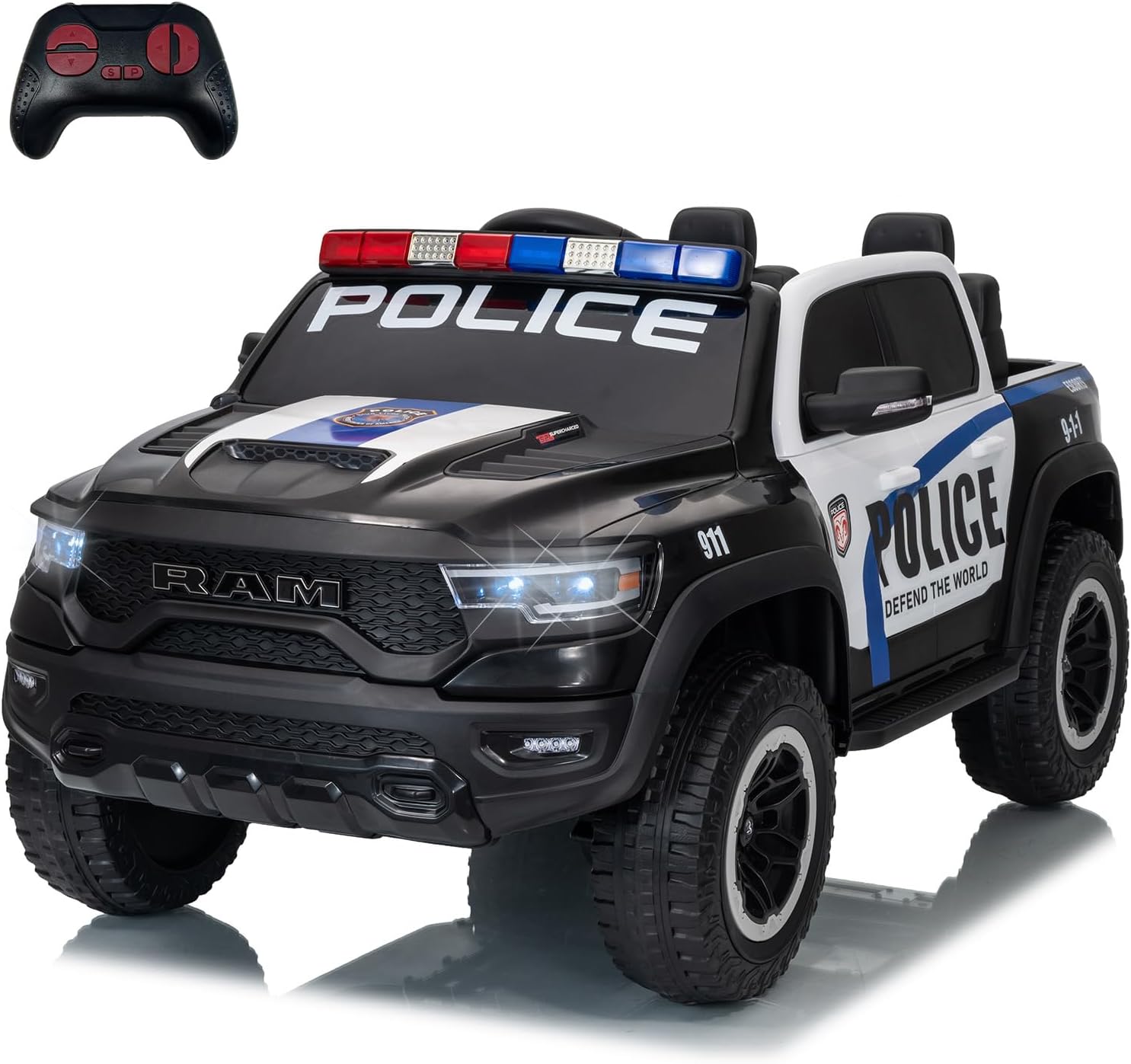 Acekool - Electric Car for Kids, Licensed RAM 12V Kids Ride On Police Car with Remote Control, Electric Pickup Truck for Toddlers