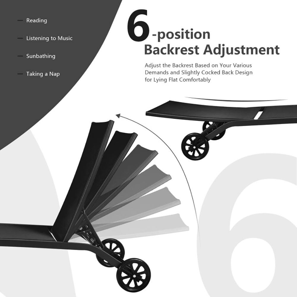 Reading  
Listening to Music  
Sunbathing  
Taking a Nap  

6-position Backrest Adjustment  
Adjust the Backrest Based on Your Various Demands and Slightly Cocked Back Design for Lying Flat Comfortably