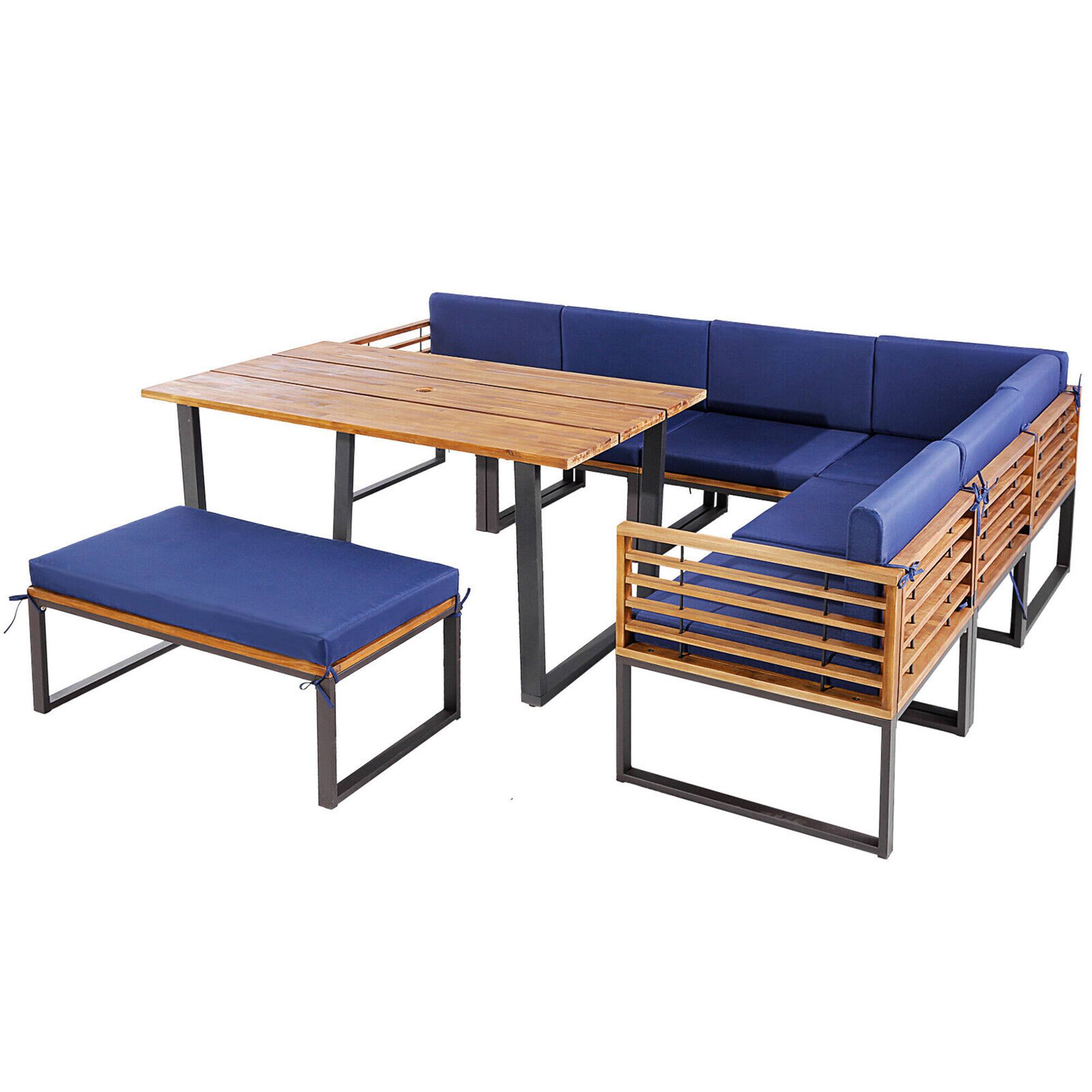 Alt View 1. Gymax - Gymax 8PCS Patio Dining Set Acacia Wood L Shaped Sectional Sofa Set w/ Navy Cushions - Navy.