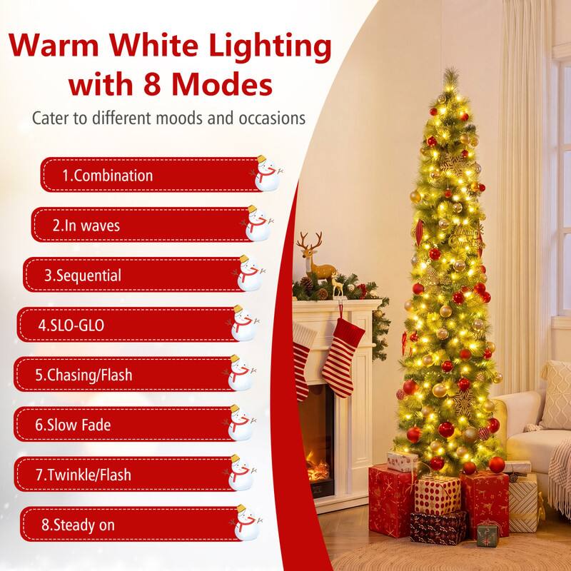 WELLFOR 7ft Pre‑Lit Artificial Christmas Tree, Slim Pencil Xmas Tree ...