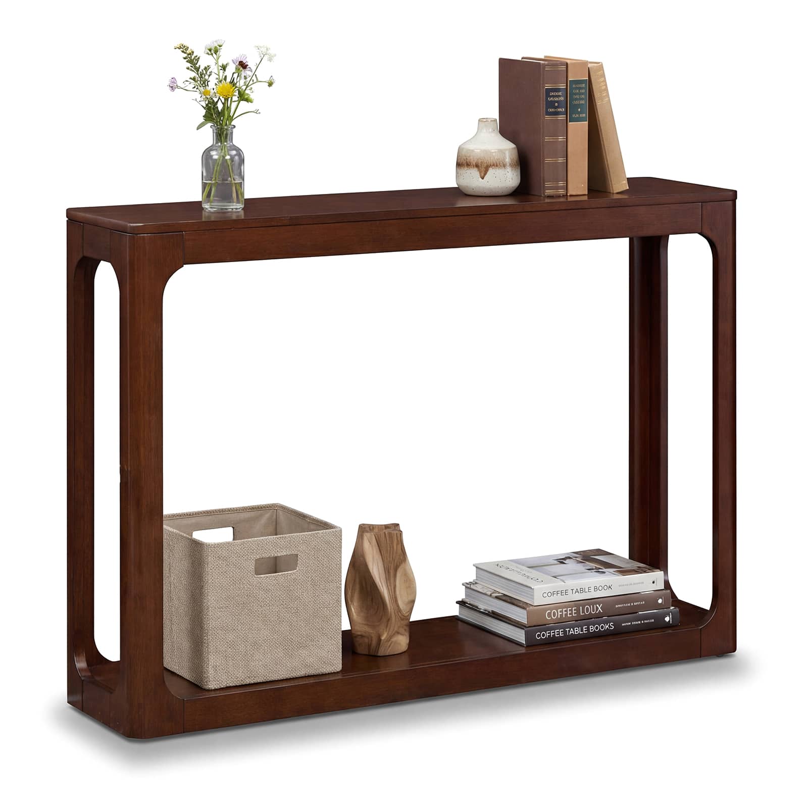 Gymax - 47'' 2-Tier Mid Century Entryway Table w/Storage Shelf Solid Rubber Wood Frame - Brown