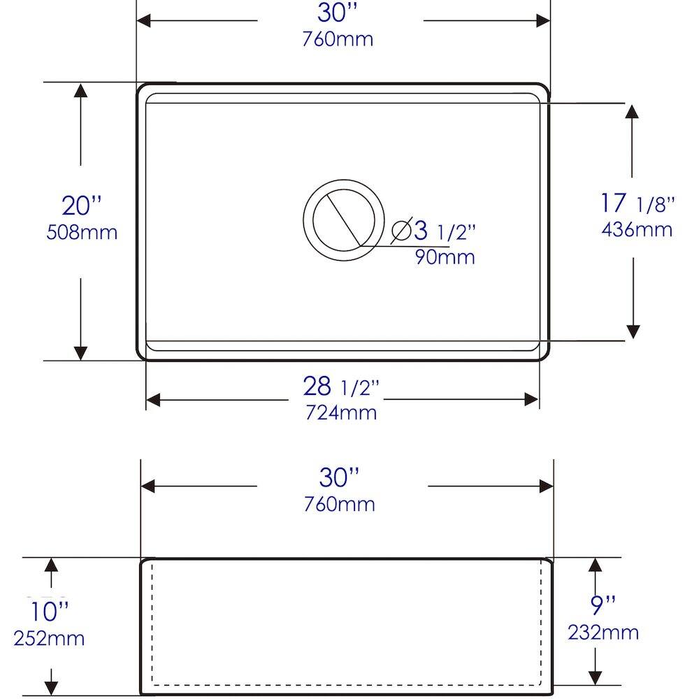30" 760mm  
20" 508mm  
3 1/2" 90mm  
17 1/8" 436mm  
28 1/2" 724mm  
10" 252mm  
9" 232mm