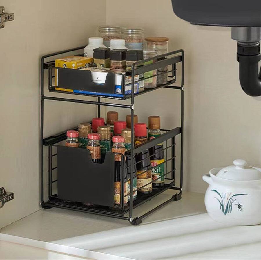 Front. Adivo - Kitchen Pantry Storage Organiser with Pull-Out Drawer, Durable Carbon Steel Spice Rack - Black.