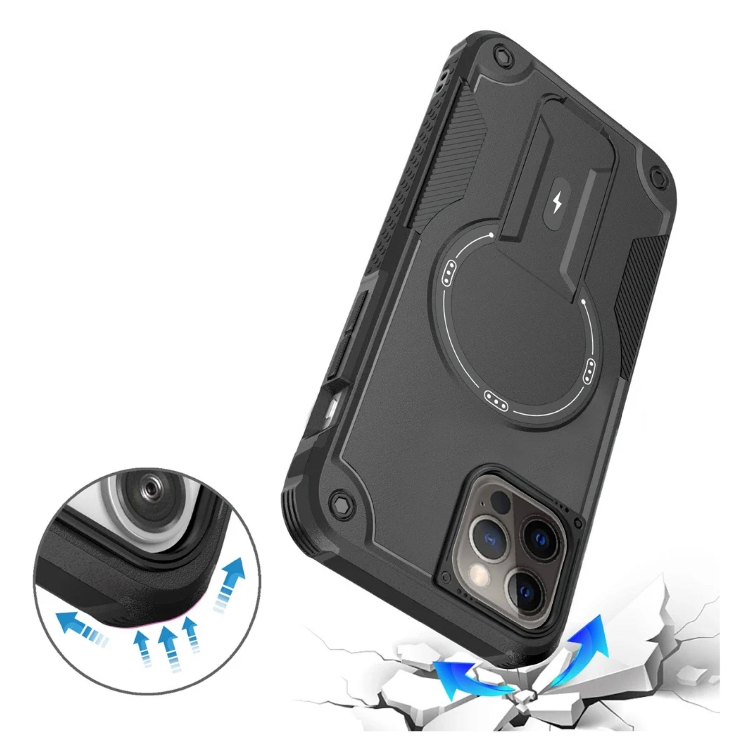 Back. Kitcheniva - Magnetic Circle Rugged Grip Kickstand Phone Case With Tempered Glass For iPhone 12/12 Pro Black - Black.