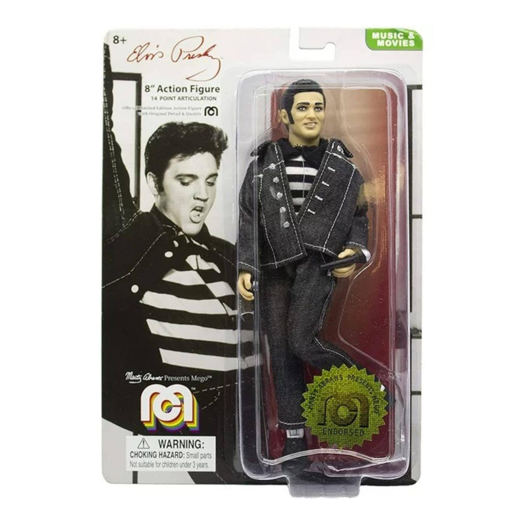8+ Elvis Presley 8" Action Figure 14 POINT ARTICULATION Figure & MUSIC & MOVIES Ta Whont Presents Mego" WARNING: CHOKING HAZARD: Small parts Not suitable for children under 3 years ABRAMS PRESENTS MARE KEGO ENDORSED