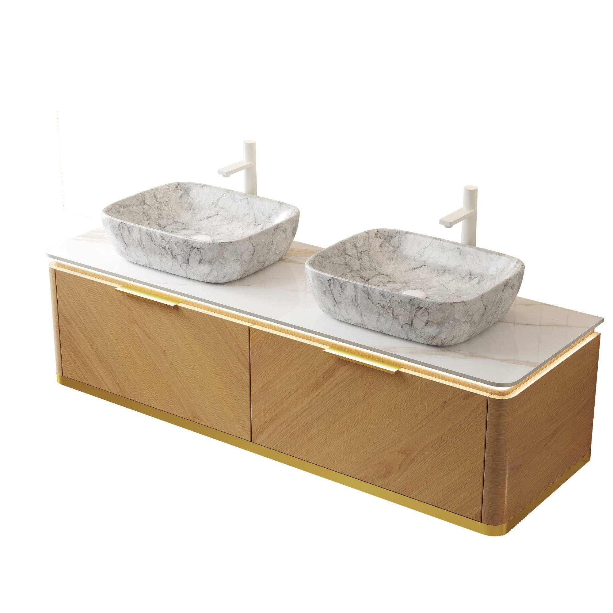 Alt View 3. Boyel Living - 60 Bathroom Vanity with 2 Drawers Sensor Light 2 Marble Pattern Ceramic Vessel Basins Sintered Stone Espresso - Carrara White,Espresso,Stone White.