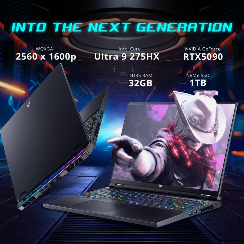 INTO THE NEXT GENERATION  
WQXGA 2560 x 1600p  
Intel Core Ultra 9 275HX  
NVIDIA GeForce RTX5090  
DDR5 RAM 32GB  
NVMe SSD 1TB