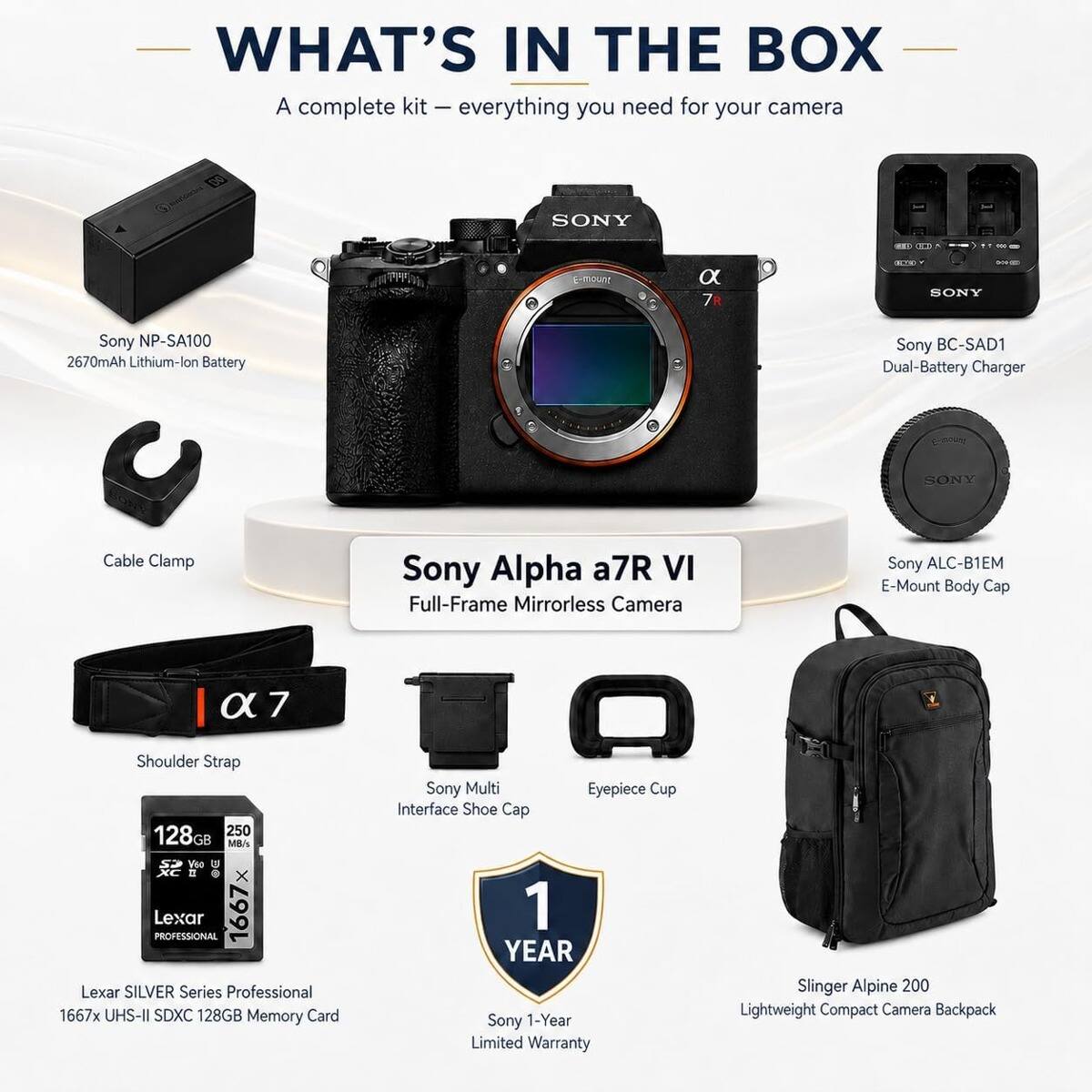 WHAT'S IN THE BOX  
A complete kit - everything you need for your camera

SONY  
E-mount  
7  
SONY  
Sony NP-SA100 2670mAh Lithium-lon Battery  
Sony BC-SAD1 Dual-Battery Charger  
SONY  
Cable Clamp  
Sony Alpha a7R VI Full-Frame Mirrorless Camera  
Sony ALC-B1EM E-Mount Body Cap  
a  
Shoulder Strap  
128GB 250 MB/s SD V60 XC 11 X PROFESSIONAL Lexar 1667 Lexar SILVER Series Professional 1667x UHS-II SDXC 128GB Memory Card  
Sony Multi Eyepiece Cup Interface Shoe Cap  
1 YEAR Sony 1-Year Limited Warranty  
Slinger Alpine 200 Lightweight Compact Camera Backpack