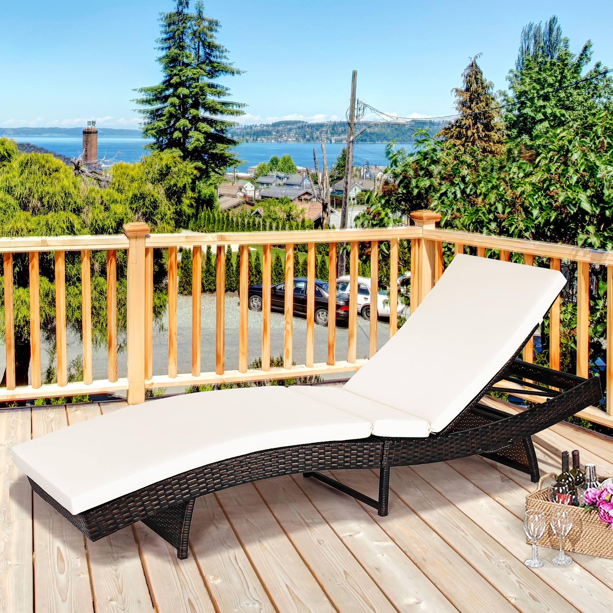 Alt View 1. Costway - Patio Rattan Folding Lounge Chair Chaise Adjustable W/Cushion - White.