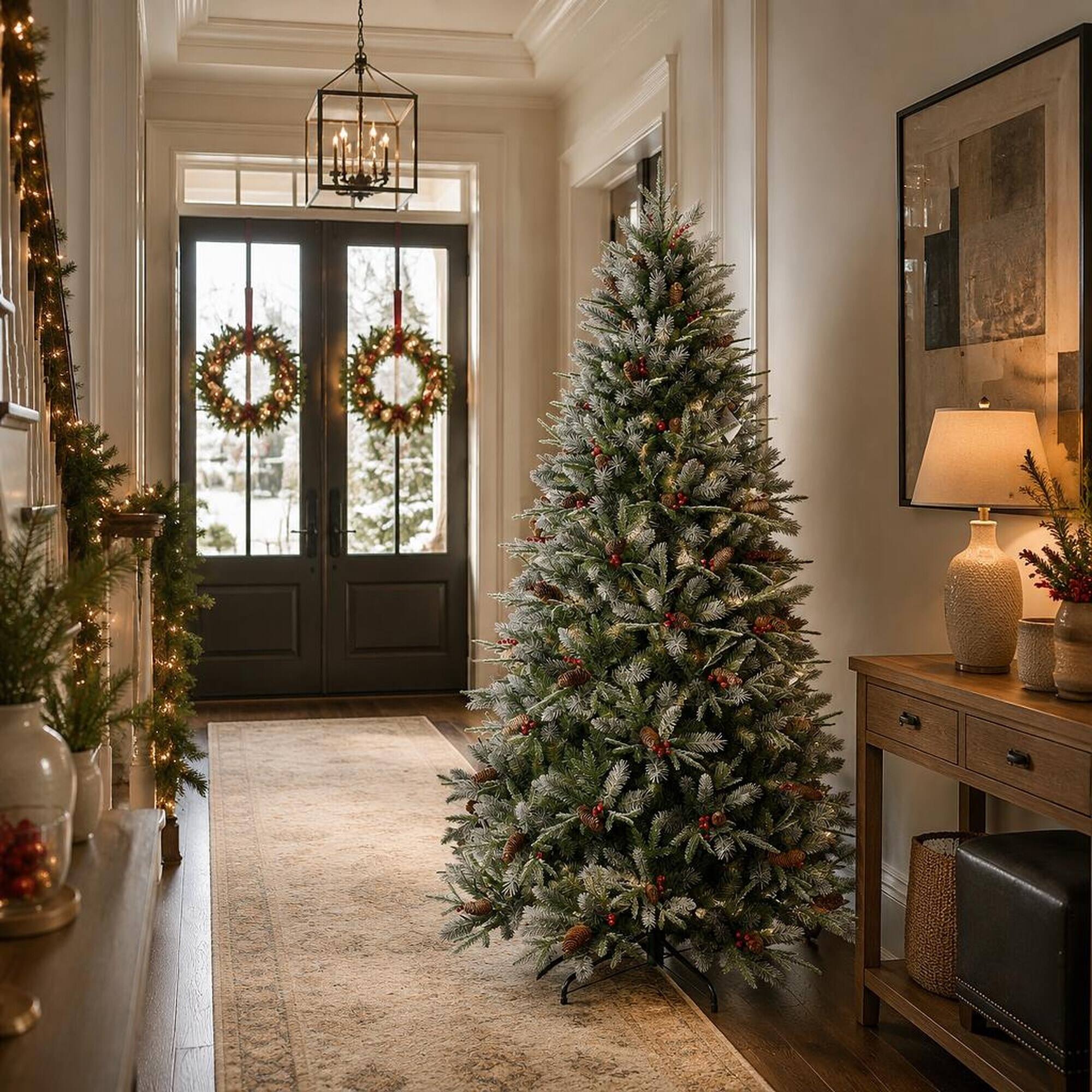 Alt View 2. RYHNUYNE - 7.5FT Christmas Tree With Red Berries Pine Cones, 2514 Snow-Dusted PE+PVC Branches Hinged Design Sturdy Metal Stand - Green,White.