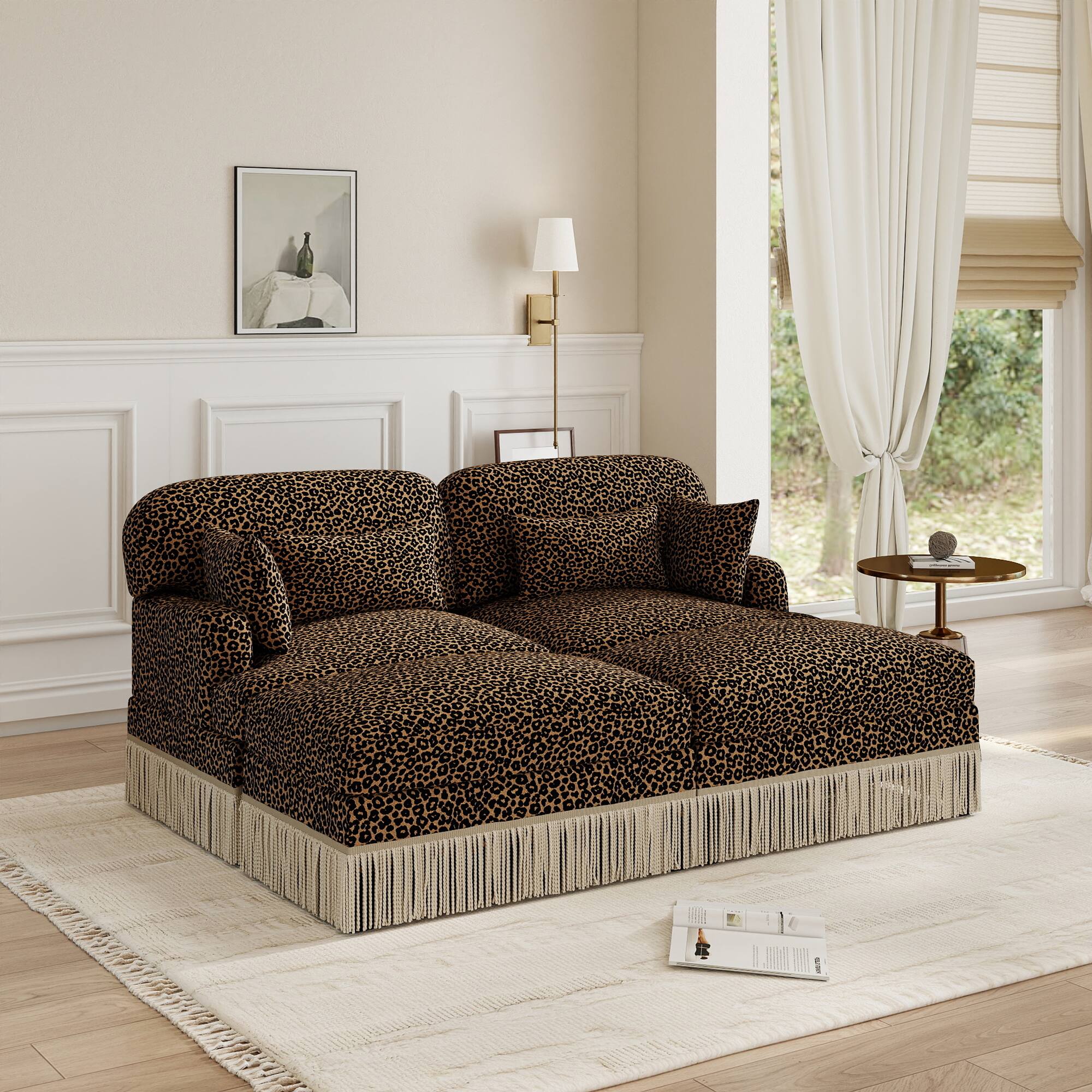 Angle. Anysun - Modular Comfy Leopard Printing Loveseat with Exquisite Tassel Trimmings and 2 Movable Ottomans - Brown.