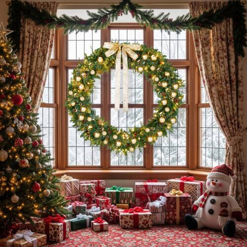 Alt View 5. Winado - 60in Artificial Christmas Holiday Wreath for Indoor / Outdoor with Lights Party Decoration - Light Green.