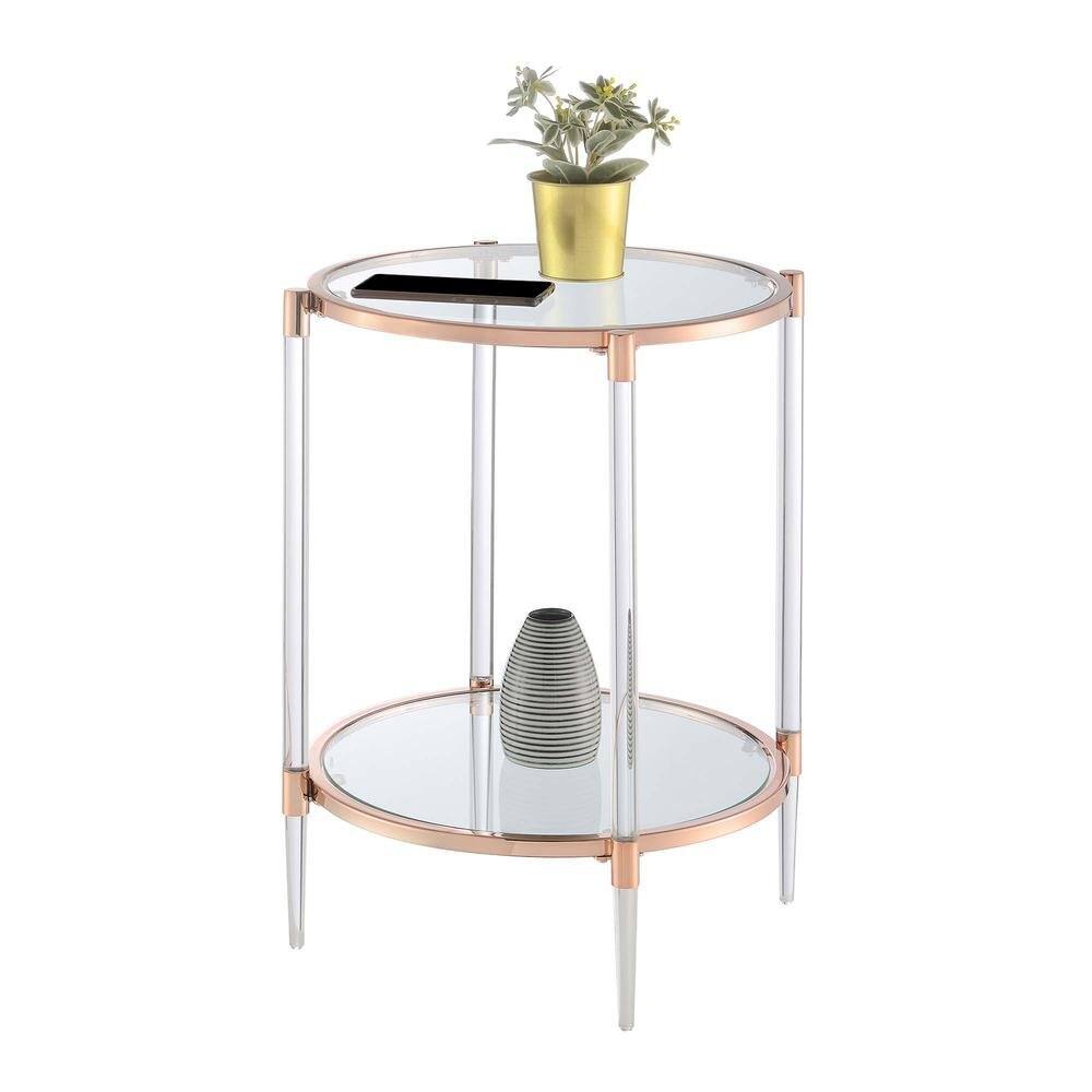 Left. FurniFact - End Table with 2 Glass Tiers, Acrylic Legs, Contemporary Style in Rose Gold - Rose Gold.