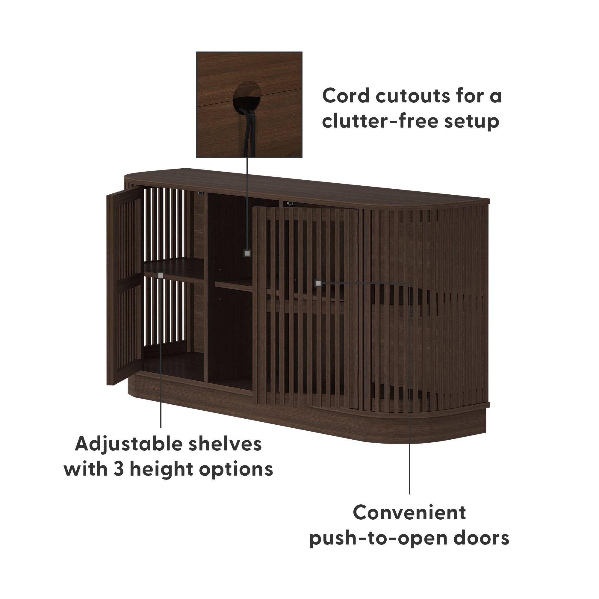 Cord cutouts for a clutter-free setup  
Adjustable shelves with 3 height options  
Convenient push-to-open doors