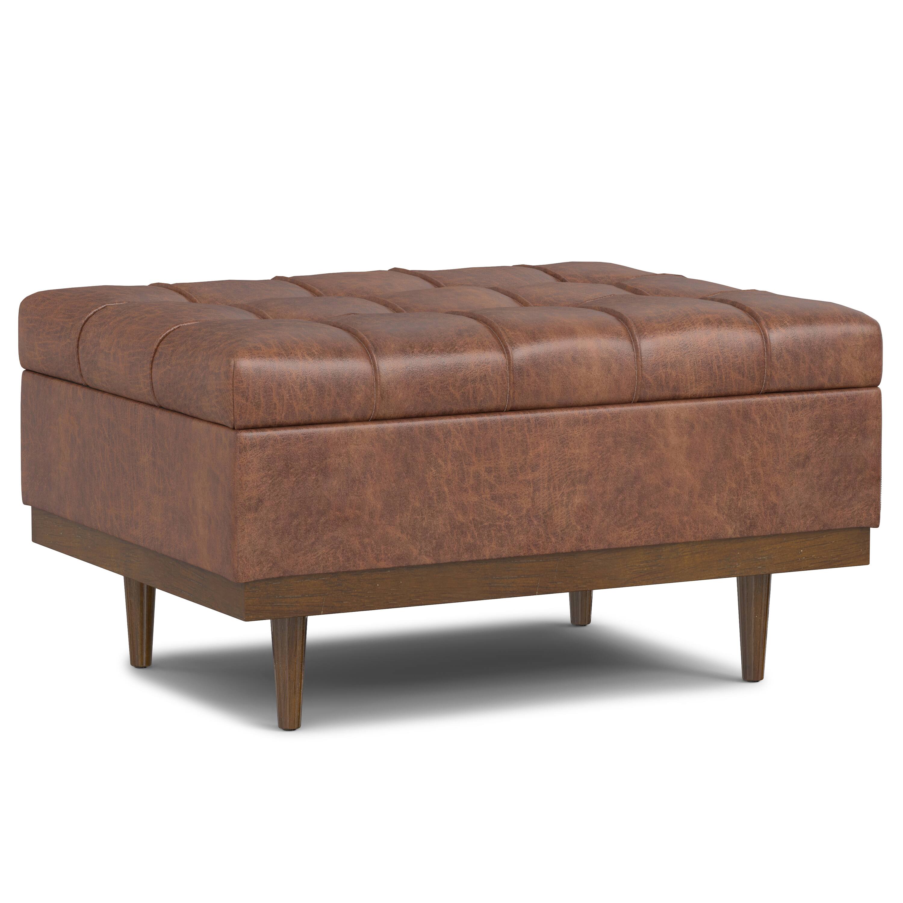 Front. Simpli Home - Mariah 34 inch Contemporary Rectangle Coffee Table Storage Ottoman in Distressed Saddle Brown Faux Leather, Assembled - Distressed Saddle Brown.
