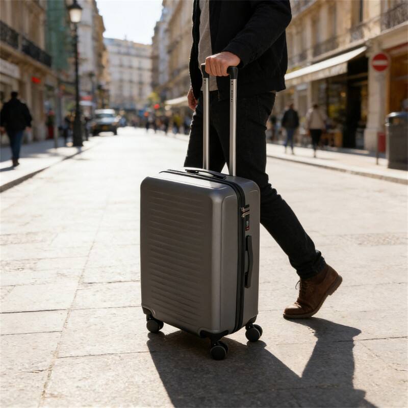 Angle. HTUTWOO - 3-Piece ABS Travel Luggage Set - 20/24/28 Inch with TSA Lock, 360° Silent Spinner Wheels, Ultra Lightweight Carry On - Gray.