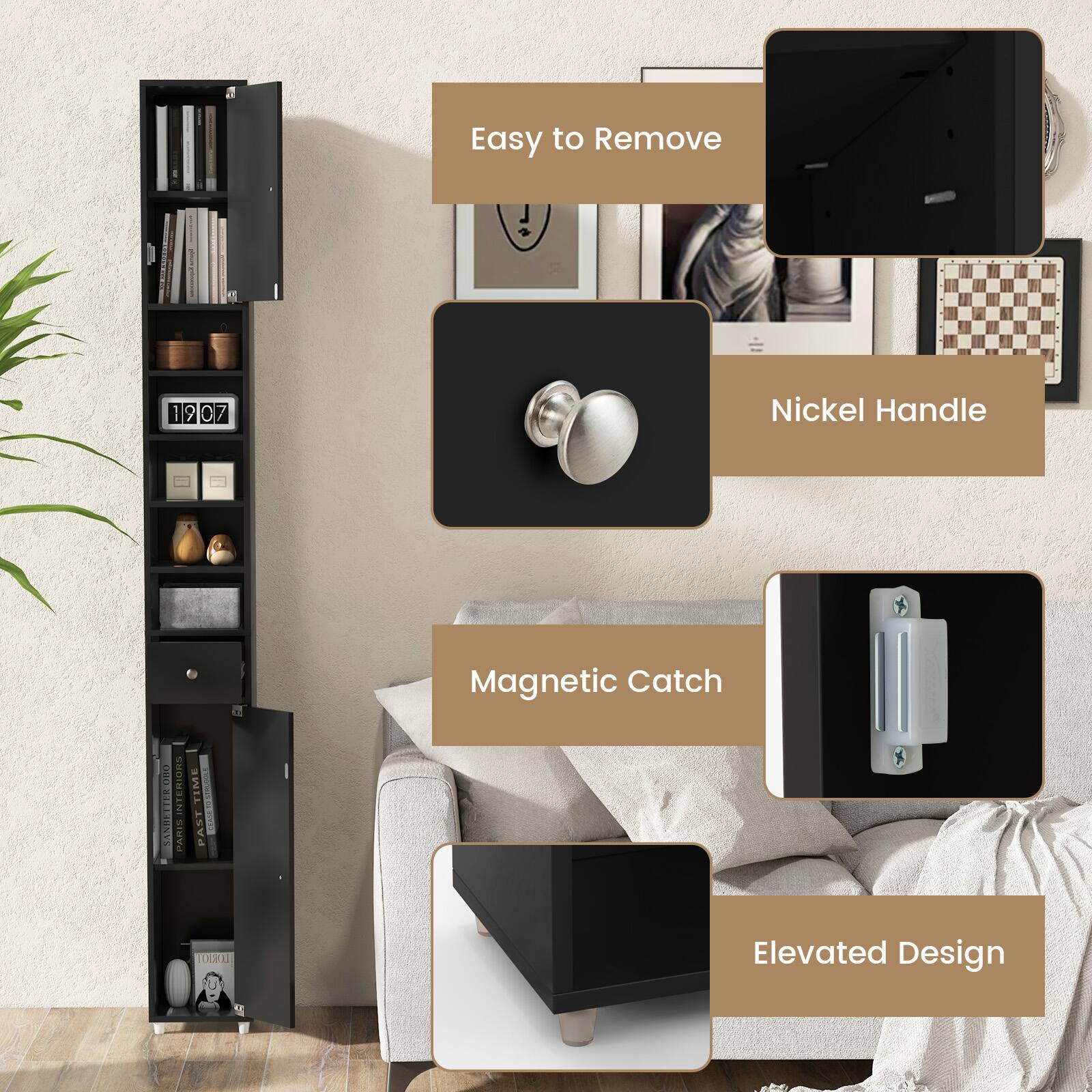 Easy to Remove, Nickel Handle, Magnetic Catch, Elevated Design