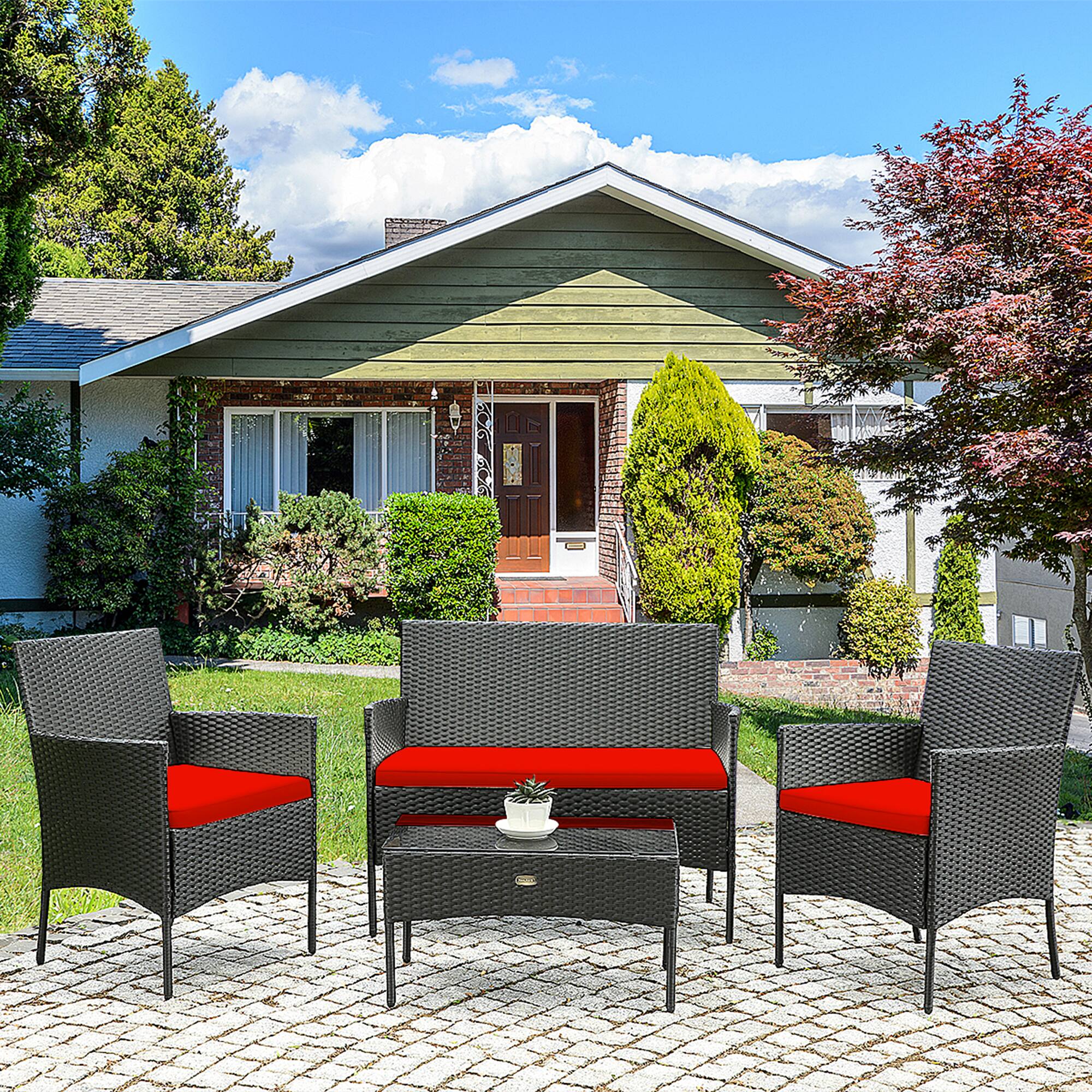 Alt View 3. Gymax - Gymax 8PCS Outdoor Furniture Set Patio Rattan Conversation Set w/ Red Cushion - Red.