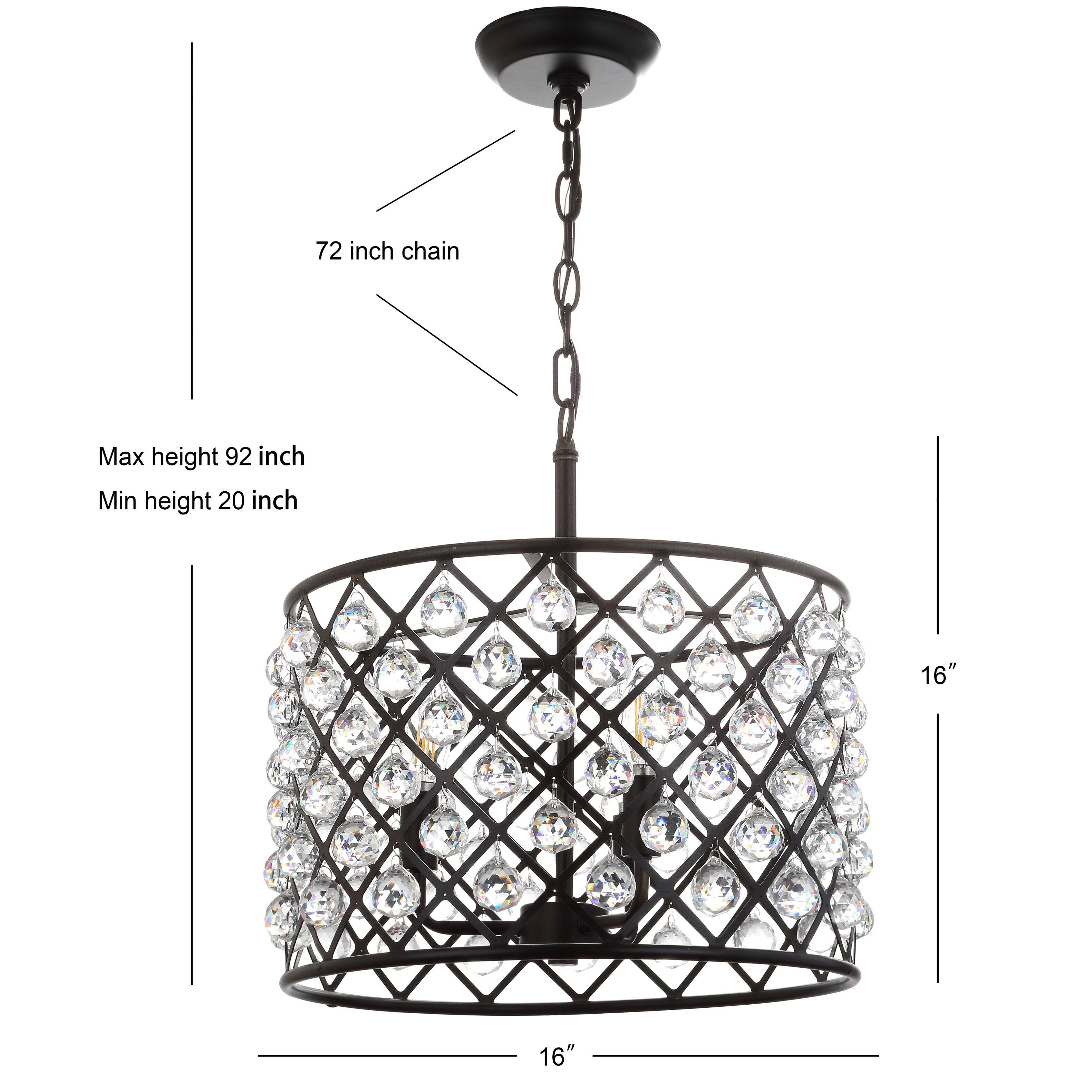 72 inch chain  
Max height 92 inch  
Min height 20 inch  
16"  
16"
