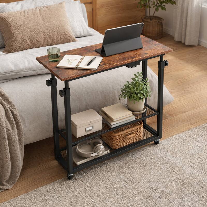 Angle. WELLFOR - 32" Mobile Stand up Desk with Open Shelf & Tilting Tabletop, Height Adjustable Standing Table - Rustic Brown.