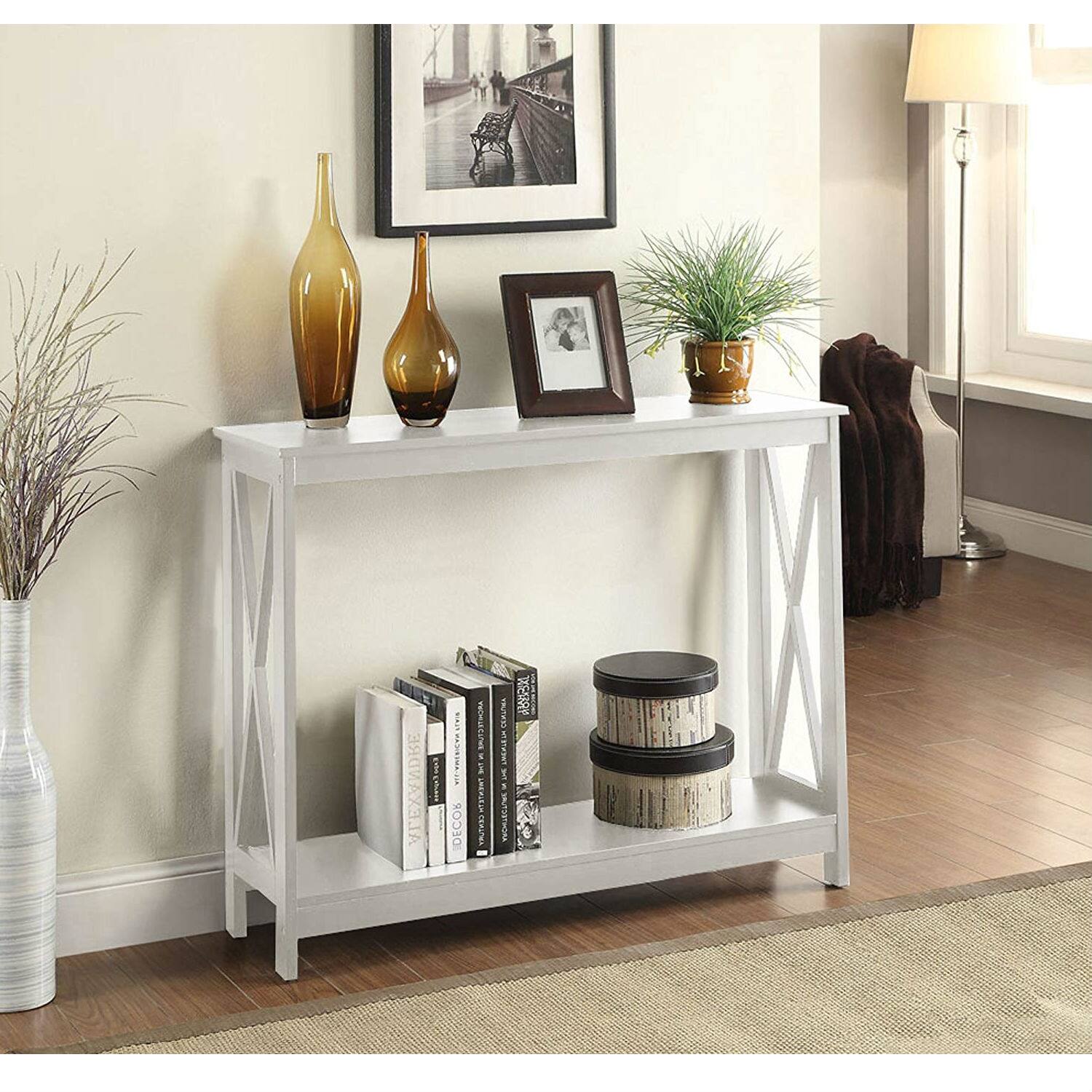 Left. Hivvago - White Wood Console Sofa Table with Bottom Storage Shelf - White.