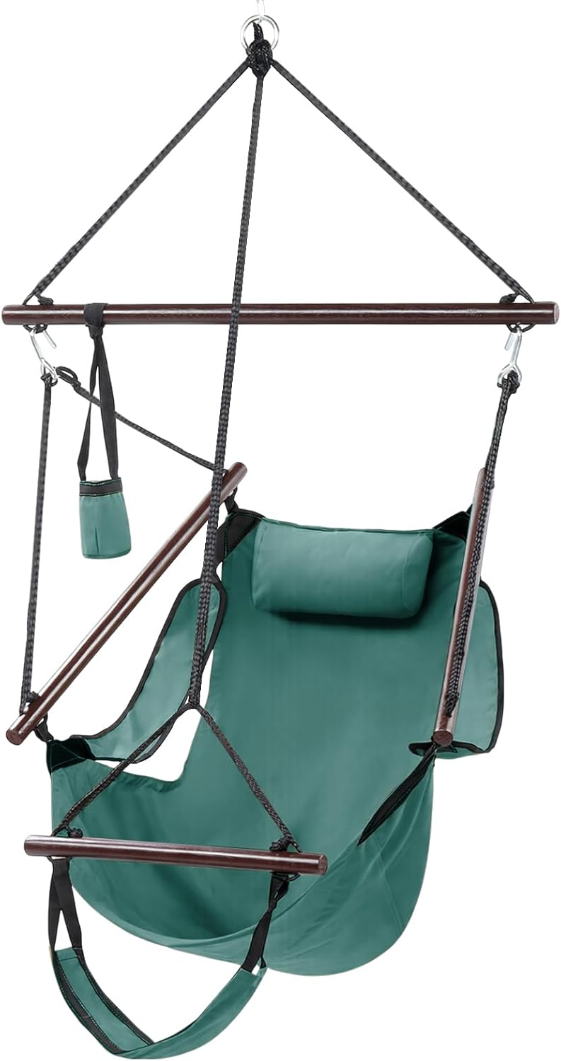 Front. Winado - 5FT Hammock Hanging Sky Chair, Air Deluxe Swing Seat with Cup Holder, Wooden Stick, Chain for Indoor Outdoor Garden - Green.