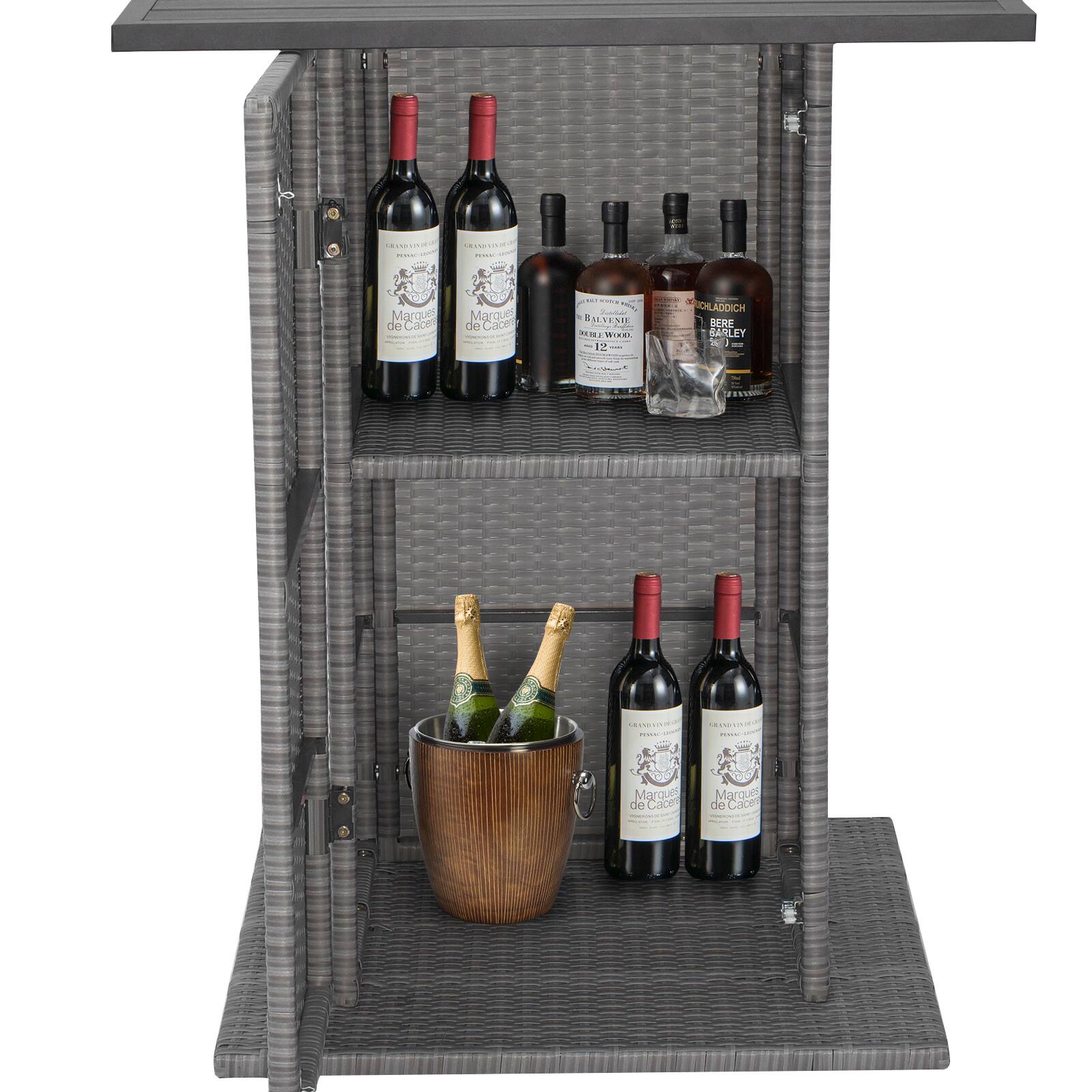 Certainly! Here is the corrected and grouped text from the image:

---

**Top Shelf:**
- Marqués de Cáceres
- Marqués de Cáceres
- BALVENIE 12
- SICHLADDICH BERRIEWOOD BARLEY

**Bottom Shelf:**
- Marqués de Cáceres
- Marqués de Cáceres

---

This text appears to be the labels of the bottles displayed in the image.